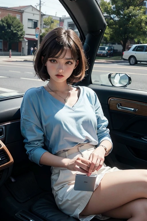 in 1980　A woman driving an old car　View from outside the car