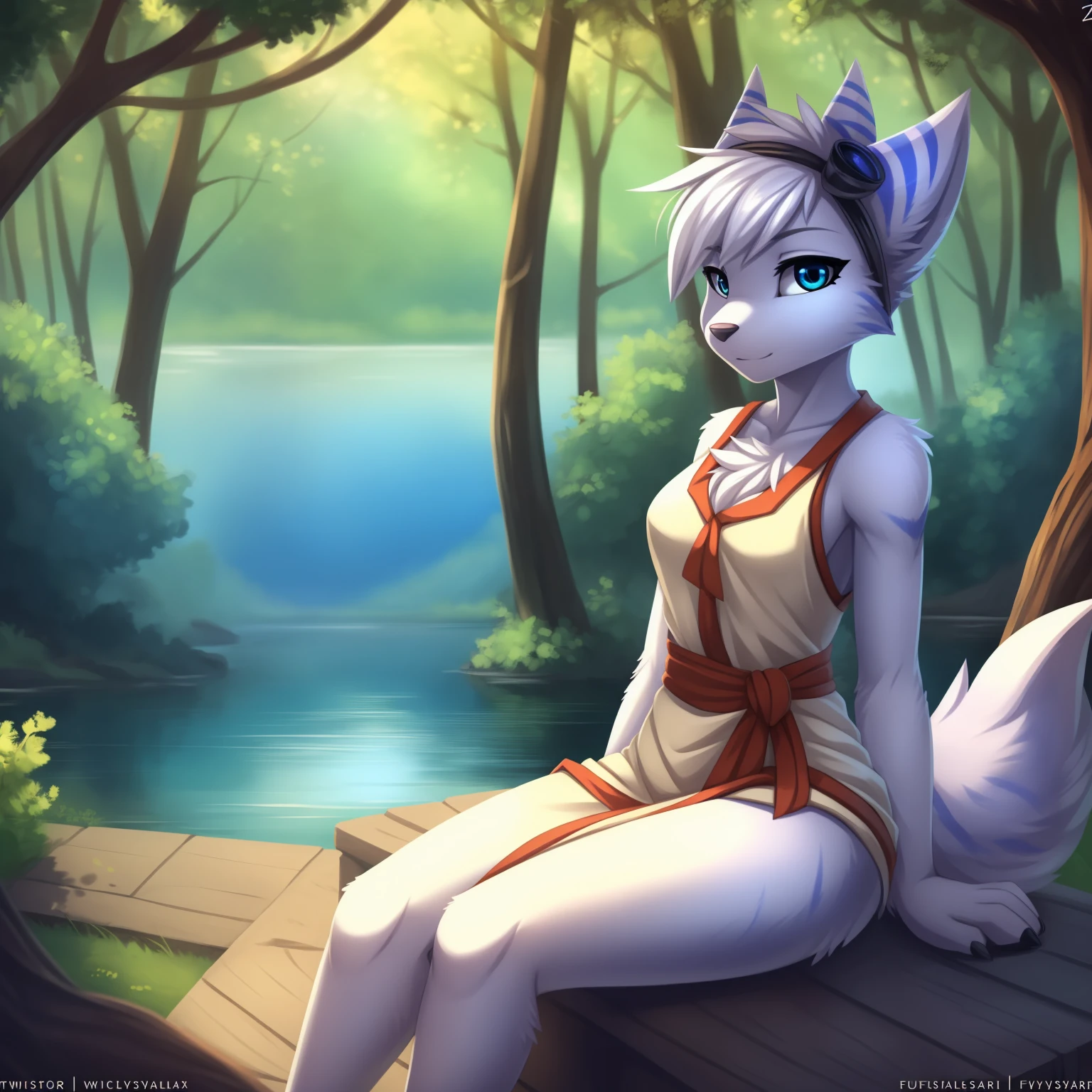 By zinfyuu on pixiv,by twistedscarlet60, uploaded on pixiv, by fluff-kevlar, (masterpiece), (best quality), (anthro furry:1.3, snout:1.2, anthro:1.3, furry:1.2, solo female:1.2), (extremely detailed:1.3), (blue_detailed_eye), absol, wearing white dress, sfw, forest, sitting, lake, nature beauty, view on viewer, rivet