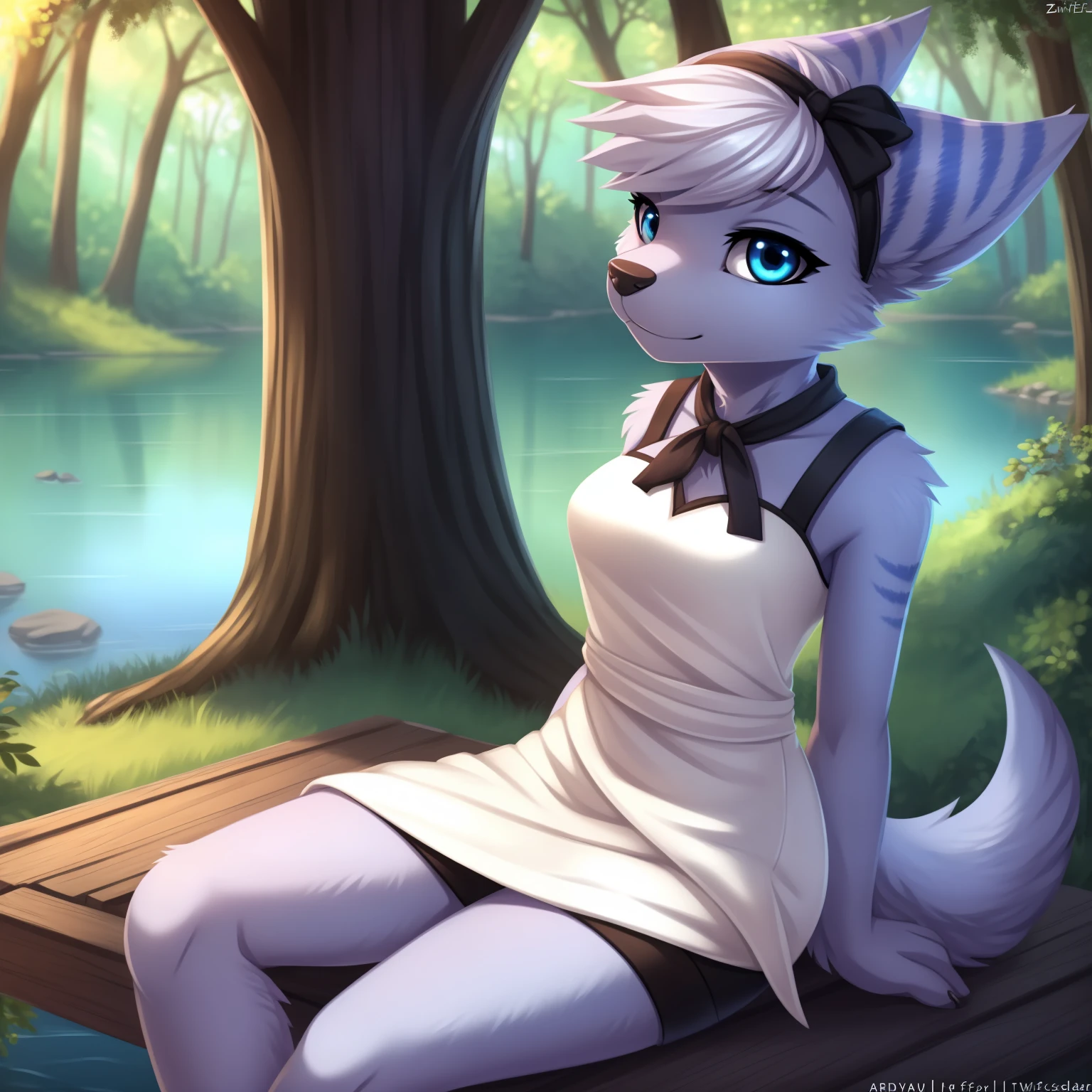 By zinfyuu on pixiv,by twistedscarlet60, uploaded on pixiv, by fluff-kevlar, (masterpiece), (best quality), (anthro furry:1.3, snout:1.2, anthro:1.3, furry:1.2, solo female:1.2), (extremely detailed:1.3), (blue_detailed_eye), absol, wearing white dress, sfw, forest, sitting, lake, nature beauty, view on viewer, rivet