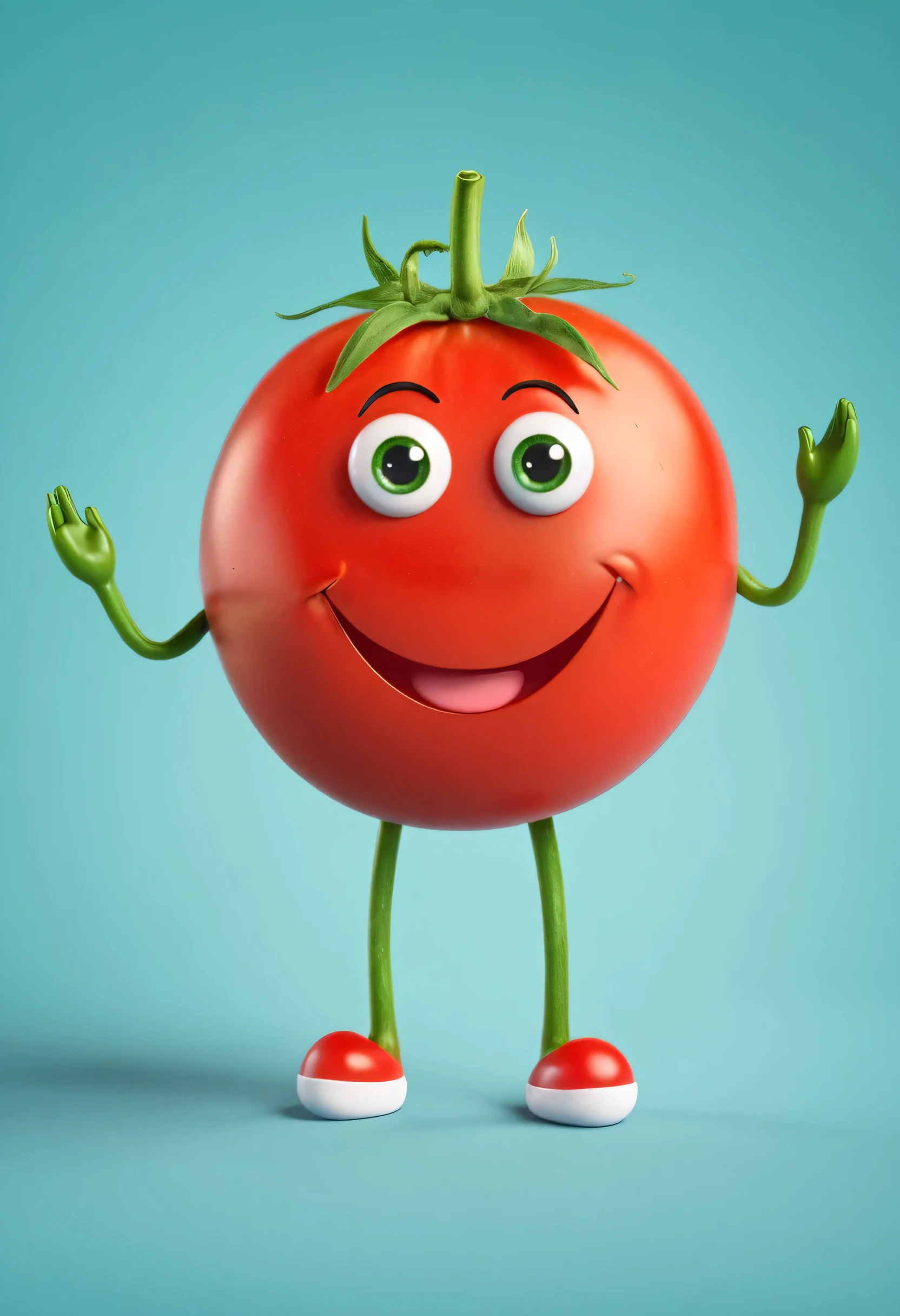 A cute tomato character with eyes, smiley faces of the tomato, two cute arms, two cute legs