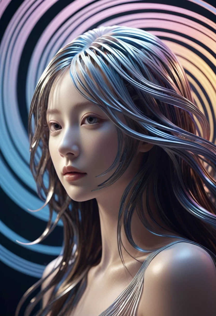 Paper Art Cut Portraits, Beautiful supermodel made with cybernetic digital binary barcode data in synesthesia style, Floating long hair, Vector dot futuristic, Fractal Art, The wave rises in a perfect spiral, luminogram jewel - metallic tone gradient, Charged glowing circuit wave, Cinema 4D, Octane Rendering, Very detailed, Algorithmic Symmetry, Movie Lighting, Surreal, 8k, Unreal Engine, Extremely detailed, Ultra HD