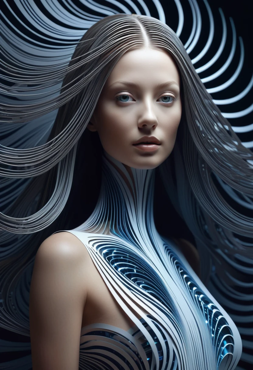Paper Art Cut Portraits, Beautiful supermodel made with cybernetic digital binary barcode data in synesthesia style, Floating long hair, Vector dot futuristic, Fractal Art, The wave rises in a perfect spiral, luminogram jewel - metallic tone gradient, Charged glowing circuit wave, Cinema 4D, Octane Rendering, Very detailed, Algorithmic Symmetry, Movie Lighting, Surreal, 8k, Unreal Engine, Extremely detailed, Ultra HD