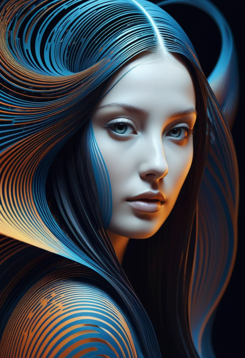 Paper Art Cut Portraits, Beautiful supermodel made with cybernetic digital binary barcode data in synesthesia style, Floating long hair, Vector dot futuristic, Fractal Art, The wave rises in a perfect spiral, luminogram jewel - metallic tone gradient, Charged glowing circuit wave, Cinema 4D, Octane Rendering, Very detailed, Algorithmic Symmetry, Movie Lighting, Surreal, 8k, Unreal Engine, Extremely detailed, Ultra HD