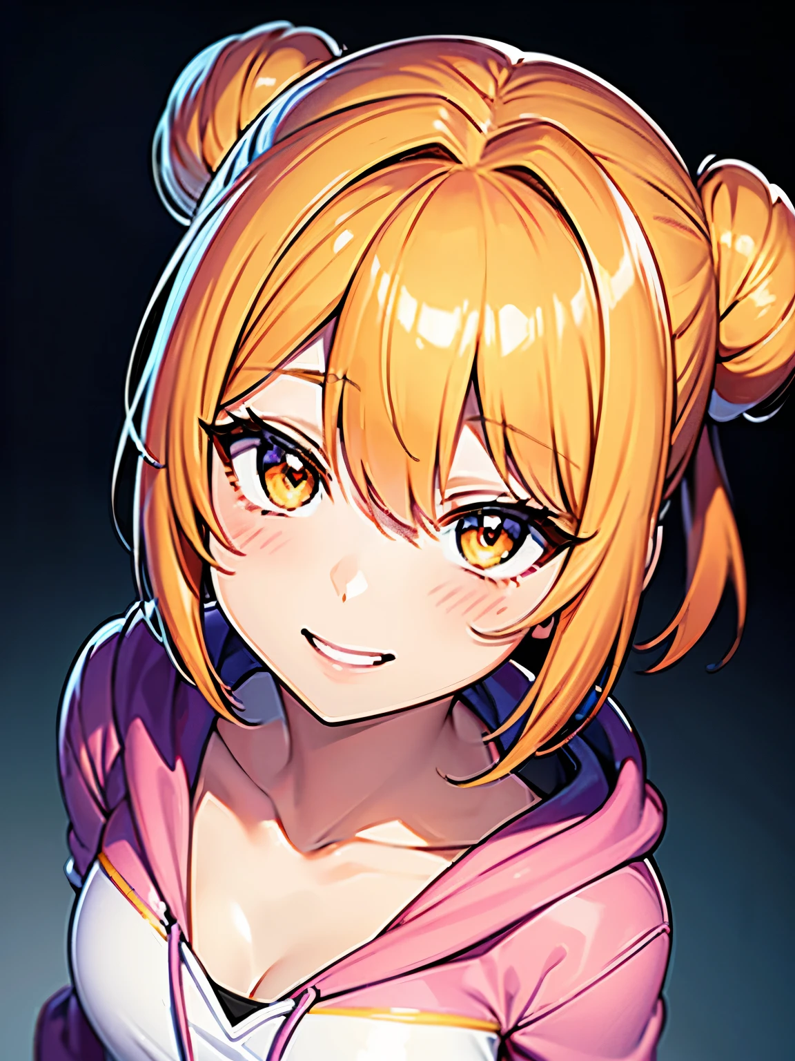 (masterpiece)(high resolution)(head shot only)(from above) A 22-year old girl has short, messy orange hair, and a twisty bun. She is excited, smiling and has an open mouth. Wide open eyes. Exquisite facial details and reflection off skin. Shiny lips. Blushed cheeks. ((She has a flat chest)). She is wearing a pink hoodie. She is looking at you quizzically.