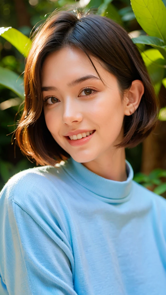 (1个Giant Breast Girl,a color,(tmasterpiece:1.4),(Best picture quality:1.4),8K,Girls HD,Ultra-clear,1个Giant Breast Girl,double eyelid,(Europe),Be red in the face,blue-sky,baiyun,shadowing,Leaf spots,Tyndall Sunshine,(orthofacial),big laughter,dimple,teeth showing,(stacked curly in short Bob :1.3)
