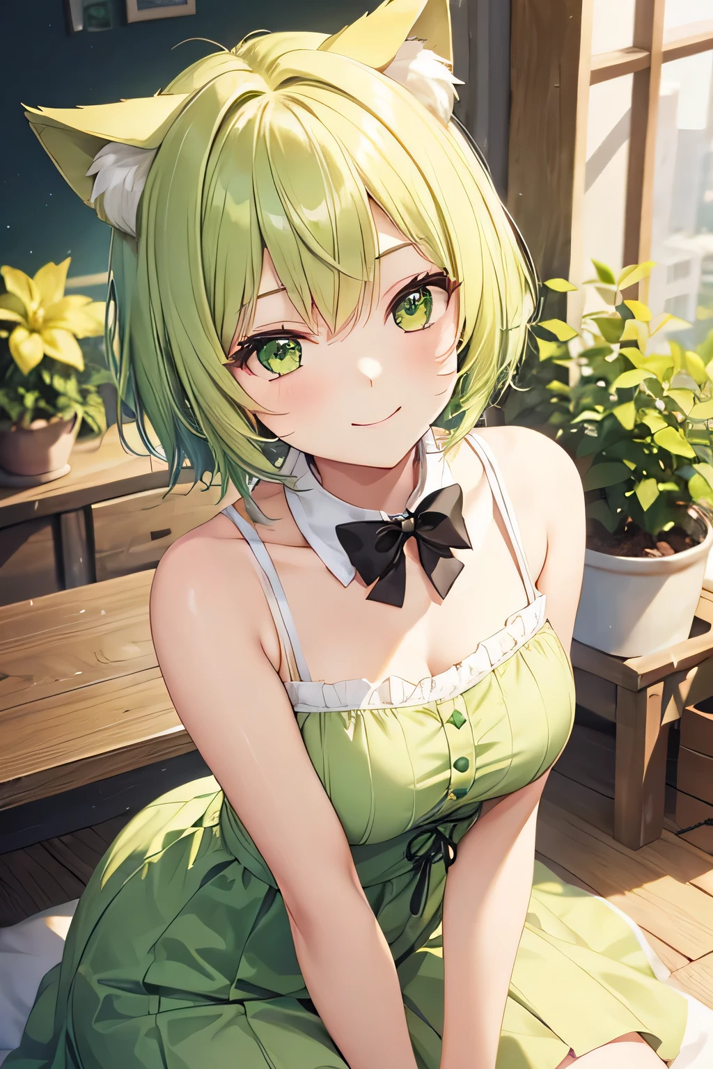 Cute girl with gentle smile, one girl, gentle yellowish green hair, short hair, cat ears, yellowish green eyes.