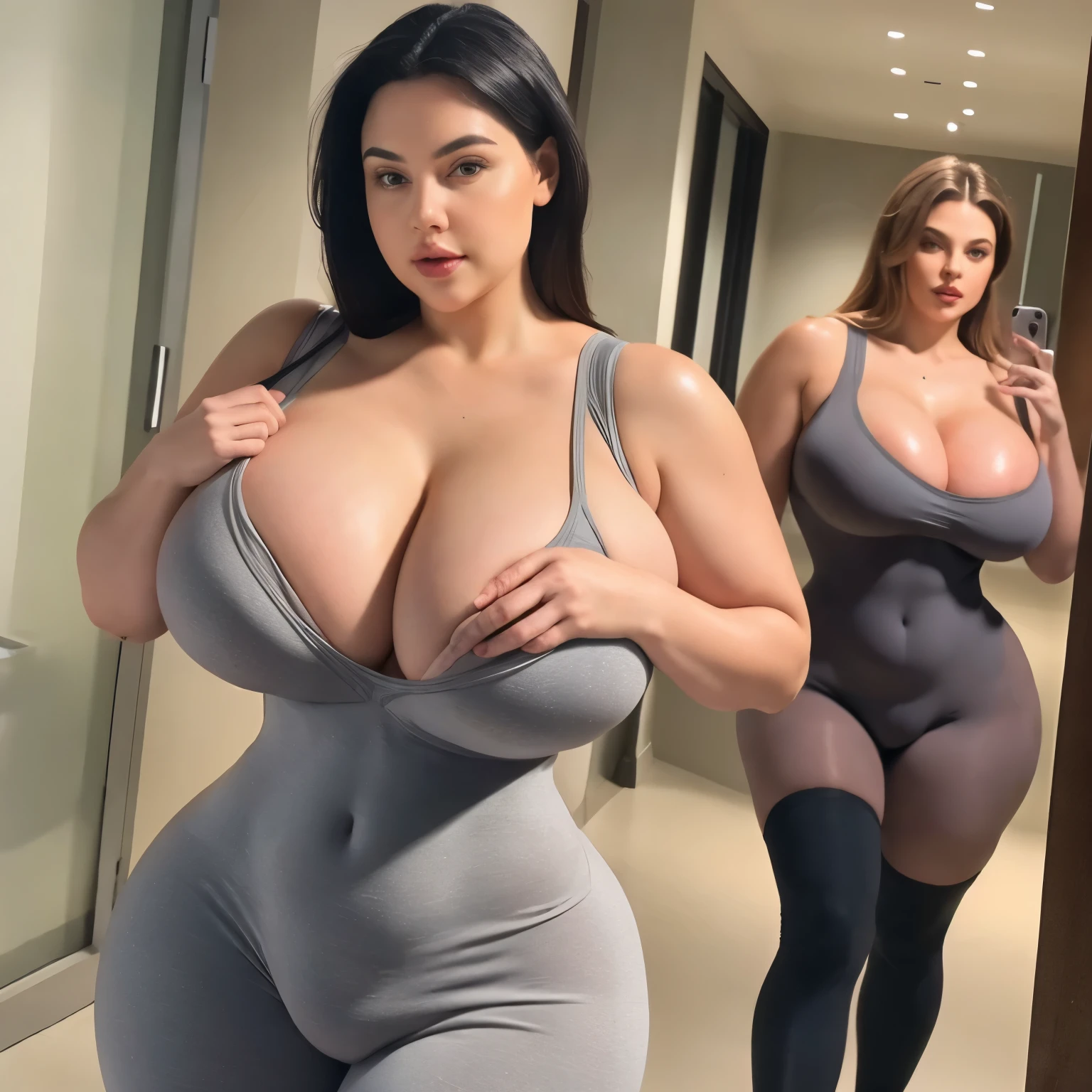 Realistic masterpiece, 8K, a beautiful chubby woman in a gray bodysuit cleavage walking, thick body, stunning shot of giant goddess, angelawhite, thick, strong and big, thick lines, curvy body, beautiful curves, slim thick booty, thick physique, slim belly , large breasts