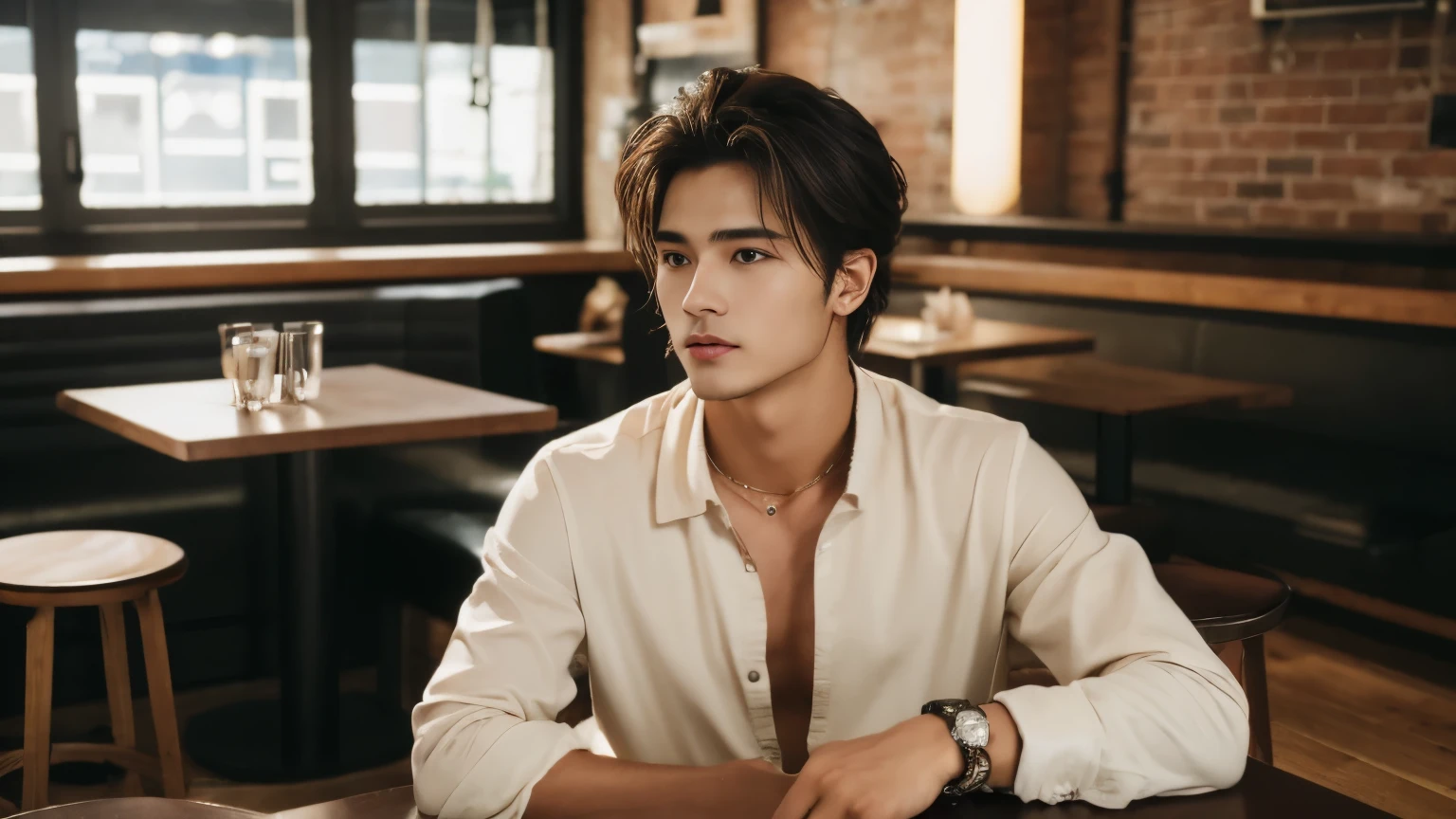 musician、Breezy, 20代のa handsome guy性、(Super cool S-class guy)、Japanese Men, 20-year-old、、Photo taken in a cafe、a handsome guy、(CG Unity 8K high resolution photo)、(Very detailedSクラスのa handsome guy性)、(Realistic)、(highest quality))、Very detailed、super high quality、expensive、audience、kind person、Very beautiful hair Perm Hair、Bright photo、Handsome like a model、Handsome like an idol、Looking at the camera、inside a stylish cafe、Stubble