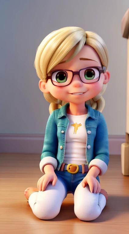 uma garota super fofa, corpo todo, longos cabelos brancos super macios, usa uma jaqueta preta, Jeans and white sneakers, tem olhos marrom grandes e brilhantes, She's sitting on the floor, Projeto IP, Clean and bright background 3D rendering, oc rendering, 8k, foco suave, fino detalhe brilhante super --ar 3:6 50 --q 2 --niji 5 