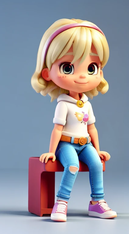 uma garota super fofa, corpo todo, longos cabelos brancos super macios, usa uma jaqueta preta, Jeans and white sneakers, tem olhos marrom grandes e brilhantes, She's sitting on the floor, Projeto IP, Clean and bright background 3D rendering, oc rendering, 8k, foco suave, fino detalhe brilhante super --ar 3:6 50 --q 2 --niji 5