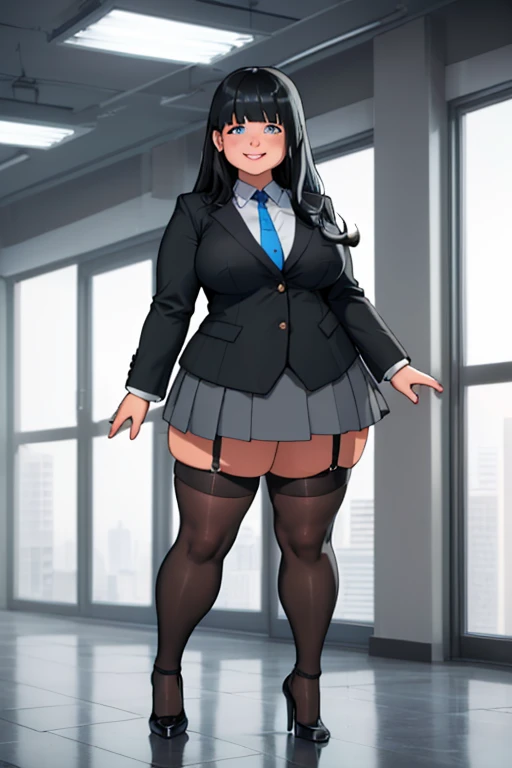 (masterpiece, highest quality:1.2), solo, 1girl, 35-year-old, mature woman, blue eyes, long black hair, (Chubby figure:1.5), grinning, looking at viewer, (Wearing: grey business suit, Skirt, black 30 denier stockings, High heels), Indoors, computer room