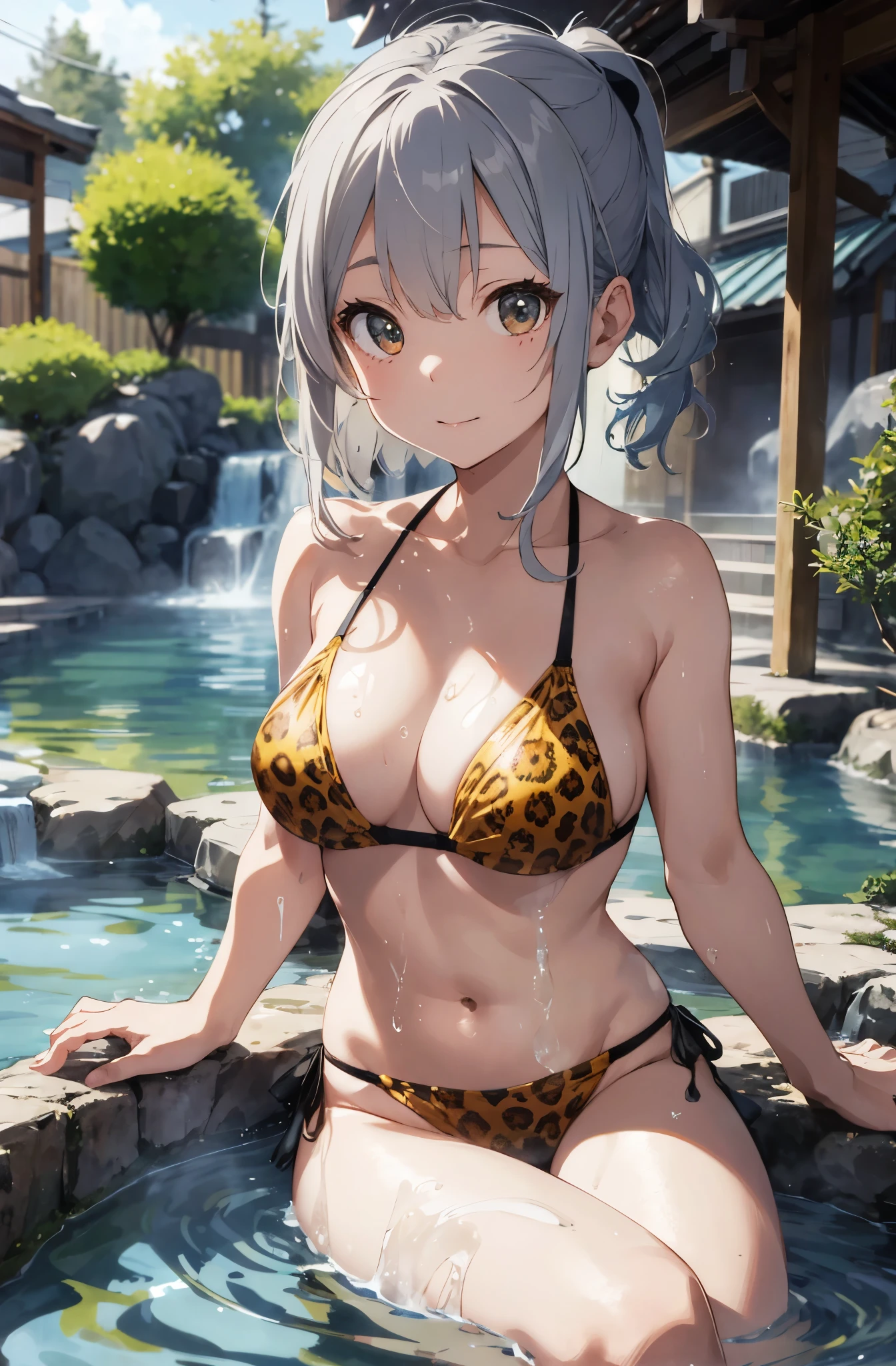 Silver-haired girl drawn in high resolution Japanese anime style、Realistic background blur that looks like it was taken with a high-performance camera.、Please provide high quality illustrations........。Beautiful woman soaking in a hot spring with a relaxed expression.、The steam rising from the bathtub is beautifully depicted...............。Attention to detail in hair and skin、Enjoy the natural texture。Communicating the atmosphere of a hot spring town、Please also draw the surrounding scenery and hot spring facilities...............。Highlights a beautiful girl wearing a leopard print bikini。。。、Please draw an illustration that captures her charm...............。Wakame seaweed、Wakame seaweed、Wakame seaweed、Wakame seaweed、Wakame seaweed、Wakame seaweed、
