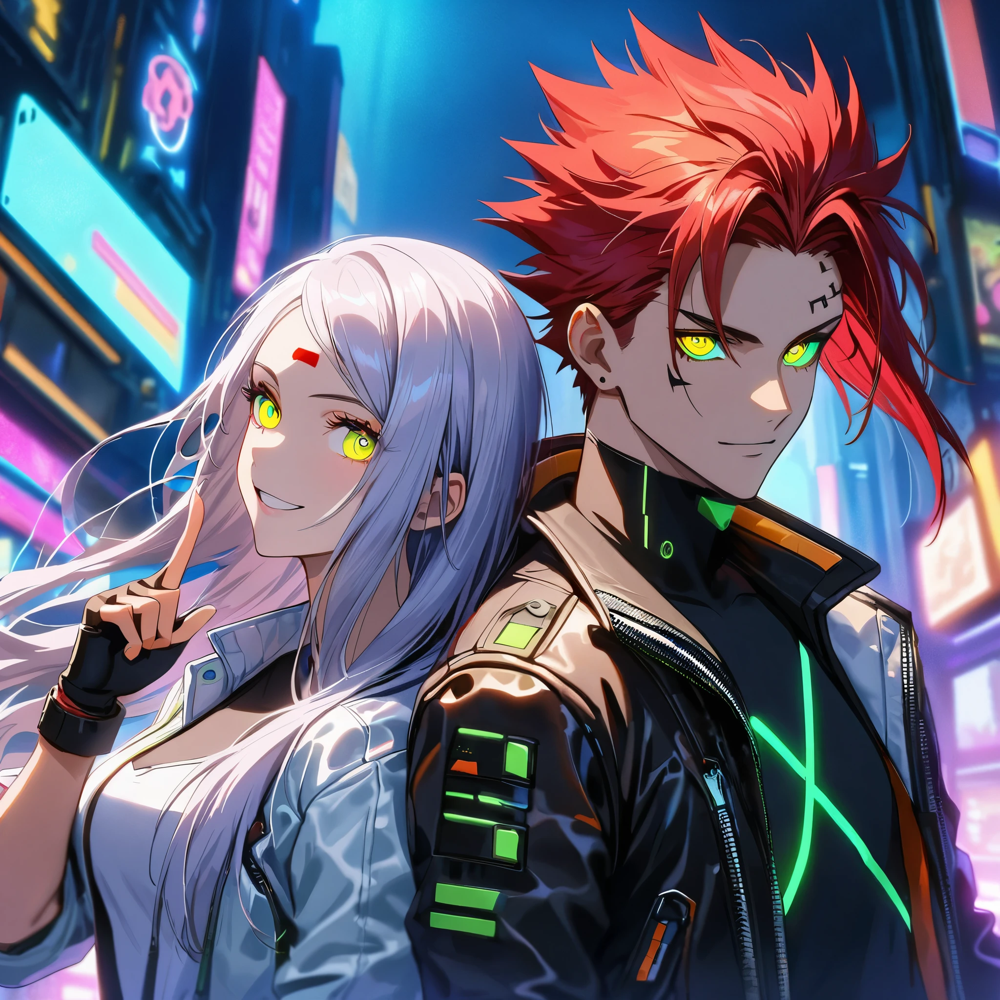 two persons, A man and a girl , man with short red hair spiky upwards with some long strands falling on the forehead and yellow neon eyes holding a perfect neon katana wearing a leather white jacket and black t shirt, stand and confident pose, confidente smile, cyberpunk, night, fingerless gloves , red hair, neon eyes, ultra detailed face, and his horgeous sister with  perfect white long hair and green neon eyes, 