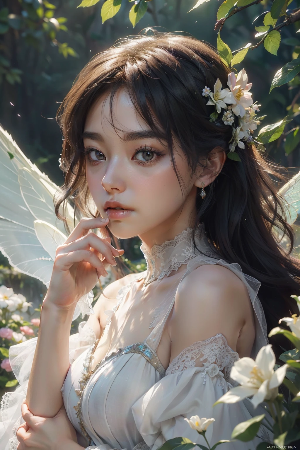 (masterpiece, A fascinating depiction of a flower fairy:1.3), (A fascinating scene that brings to life the magic of nature:1.2), (Meticulously crafted to embody the essence of floral beauty and fantasy:1.2), (Fairy with delicate wings, Wearing a gown made of flower petals and leaves:1.1), (Her ethereal presence illuminated by the soft glow of the moonlight:1.1), (Her surroundings are々Flowers of different colors and sizes are blooming., Each has its own unique charm:1.1), (Her hair was tangled with flowers and vines., Reflecting the harmony of the natural world:1.1), (The surprise and serenity in her serene expression:1.1), (meticulous attention given to the Intricate details of her wings, clothing, and surrounding areas:1.1), (A depiction that invites the audience into a world of imagination and magic:1.1), (An image that celebrates the delicate beauty and magical charm of flowers:1.1), (A work of art that evokes nostalgia and a connection to the natural world:1.1), (An invitation to a world where nature and whimsy are in perfect harmony:1.1)), Cinematic, Ultra-detailed, Insane Details, Beautiful color gradation, Unreal Engine, Depth of written boundary, Super Resolution, Megapixels, Cinematic Lightning, Anti-aliasing, FKA, Thai, RTTX 10.0, SSAO, Post-processing, Post-production, Tone Mapping, CG, Visual Effects, Special effects, Very detailedかつ精巧, Hypermaximalist, Ultra-realistic, Volumetric, Realistic, Ultra Photorealistic, Very detailedな, Intricate details, Very detailed, Full Color, Volumetric lightning, High resolution, Realistic, Unreal Engine, 16k, Sharp focus, Octane Rendering