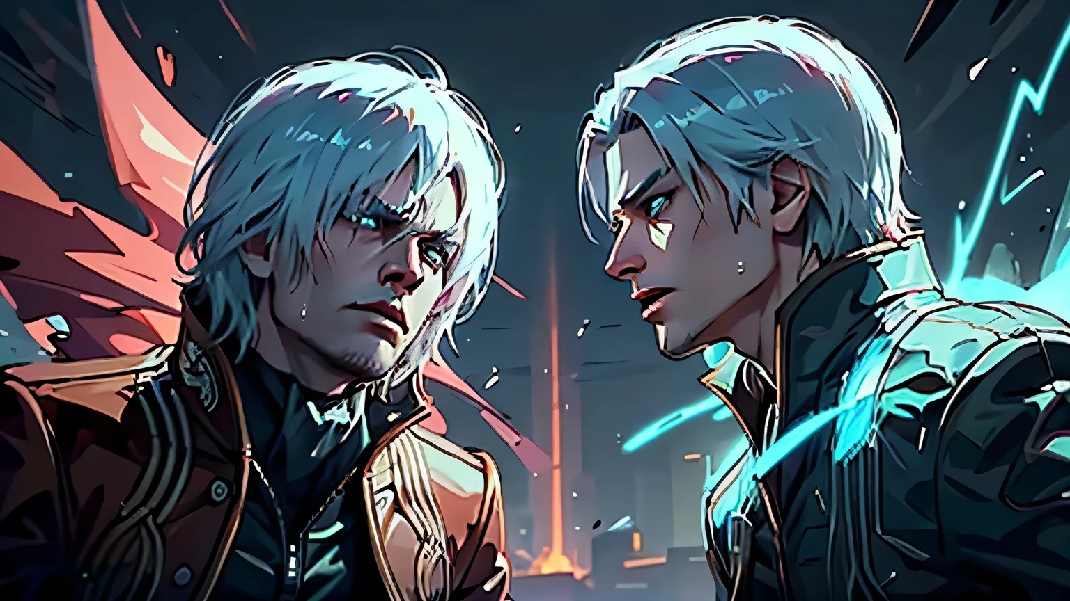 (beste-Qualit, 8K, 12),(masterpiece), (best quality),(insanely detailed, beautiful detailed face, masterpiece, best quality), An evocative image of a dramatic showdown between Dante and Vergil in a hell world. locked in a fierce and draining combat. Their expressions betray a mixture of determination and fatigue, while the electric atmosphere crackles with anticipation. The outcome of this pivotal battle will shape the destiny of mankind, adding a weighty sense of importance to the scene