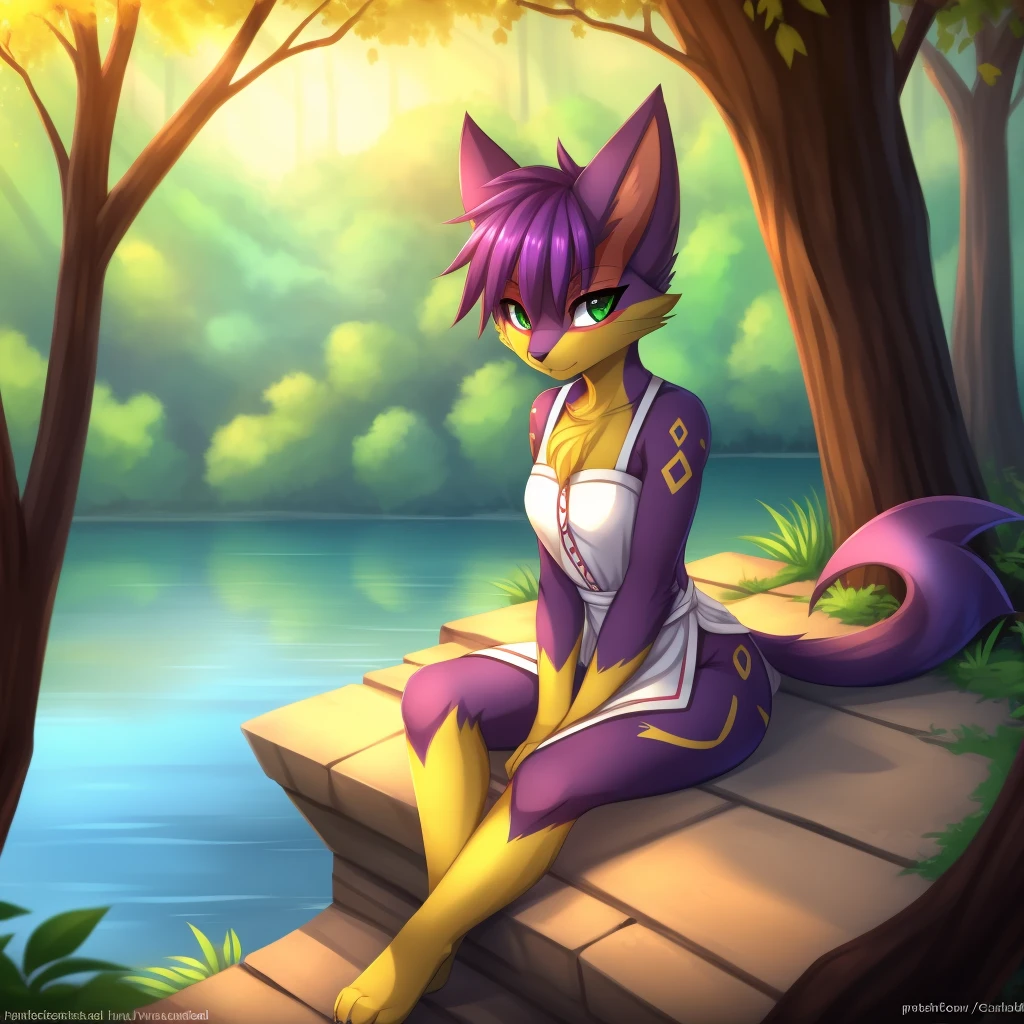 By zinfyuu on pixiv,by twistedscarlet60, uploaded on pixiv, by fluff-kevlar, (masterpiece), (best quality), (anthro furry:1.3, snout:1.2, anthro:1.3, furry:1.2, solo female:1.2), (extremely detailed:1.3), (green_detailed_eye), wearing white dress, sfw, forest, sitting, lake, nature beauty, view on viewer, liepard, very short hair, purple hair