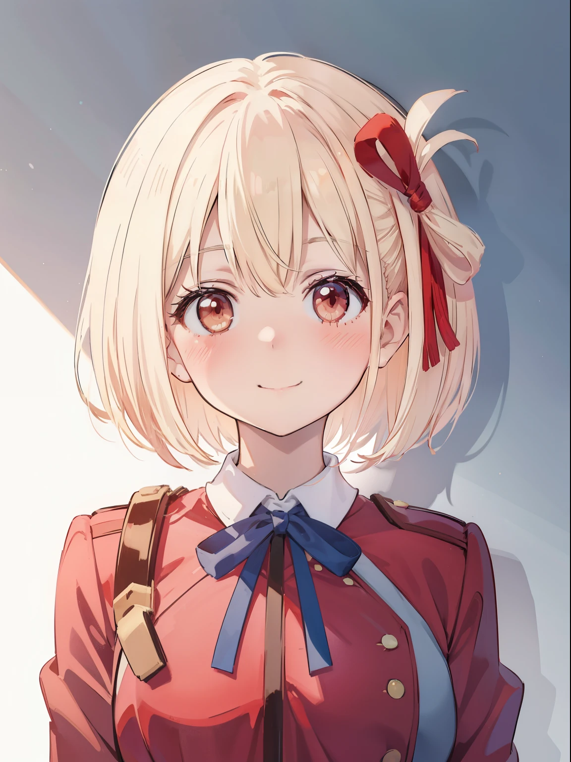 Chisato Nishikigi、Good looking girl (Short blonde hair with square bangs, Big Red Eyes, Red ribbon,blush, Perfect Face), independent , looking at the camera, masterpiece, Anime art style, Cute Characters, Most detailed, high quality、Nico Nico Smile、