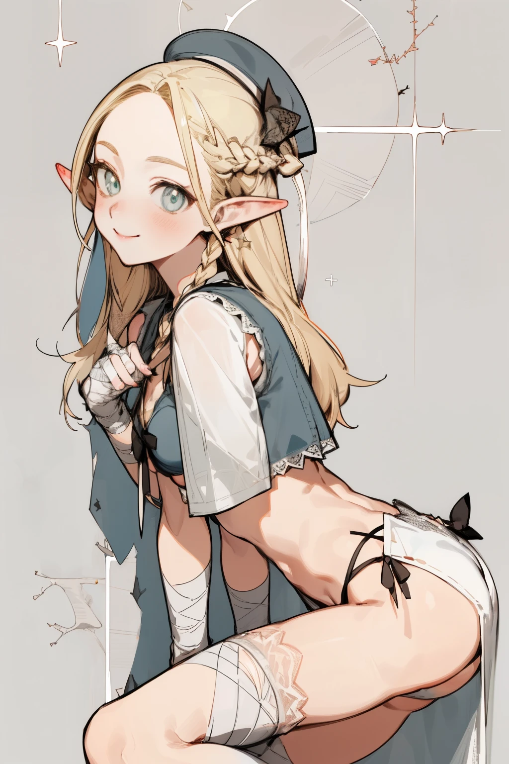 A bikini、Blonde girl wearing hat and silver accessories ,elegant, Pointed ears ,Waist-length hair,Smile,Star decoration,White lace socks,thorns,Rose,Vest line,Cross lines,cross bandage,butt