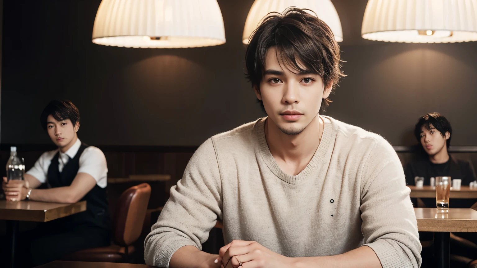 musician、Breezy, Handsome man in his 40s、(Super cool S-class guy)、Japanese Male, 40 years old、、Photo taken in a cafe、a handsome guy、(CG Unity 8K high resolution photo)、(Very detailedSクラスのa handsome guy性)、(Realistic)、(highest quality))、Very detailed、super high quality、expensive、audience、kind person、Very beautiful hair Perm Hair、Bright photo、Handsome like a model、Handsome like an idol、Looking at the camera、inside a stylish cafe、Stubble