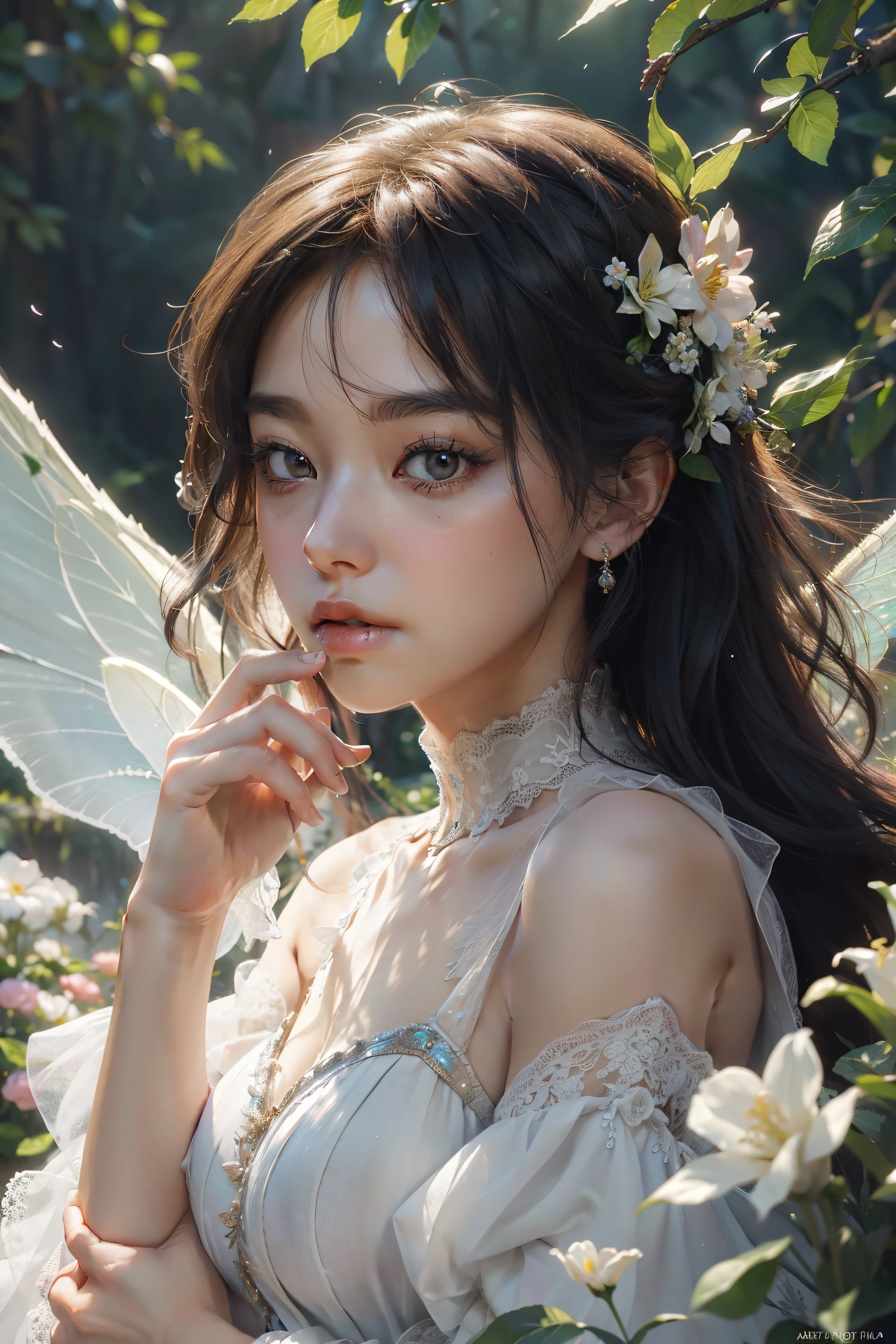 (masterpiece, A fascinating depiction of a flower fairy:1.3), (A fascinating scene that brings to life the magic of nature:1.2), (Meticulously crafted to embody the essence of floral beauty and fantasy:1.2), (Fairy with delicate wings, Wearing a gown made of flower petals and leaves:1.1), (Her ethereal presence illuminated by the soft glow of the moonlight:1.1), (Her surroundings are々Flowers of different colors and sizes are blooming., Each has its own unique charm:1.1), (Her hair was tangled with flowers and vines., Reflecting the harmony of the natural world:1.1), (The surprise and serenity in her serene expression:1.1), (meticulous attention given to the Intricate details of her wings, clothing, and surrounding areas:1.1), (A depiction that invites the audience into a world of imagination and magic:1.1), (An image that celebrates the delicate beauty and magical charm of flowers:1.1), (A work of art that evokes nostalgia and a connection to the natural world:1.1), (An invitation to a world where nature and whimsy are in perfect harmony:1.1)), Cinematic, Ultra-detailed, Insane Details, Beautiful color gradation, Unreal Engine, Depth of written boundary, Super Resolution, Megapixels, Cinematic Lightning, Anti-aliasing, FKA, Thai, RTTX 10.0, SSAO, Post-processing, Post-production, Tone Mapping, CG, Visual Effects, Special effects, Very detailed and elaborate, Hypermaximalist, Ultra-realistic, Volumetric, Realistic, Ultra Photorealistic, Very detailedな, Intricate details, Very detailed, Full Color, Volumetric lightning, High resolution, Realistic, Unreal Engine, 16k, Sharp focus, Octane Rendering