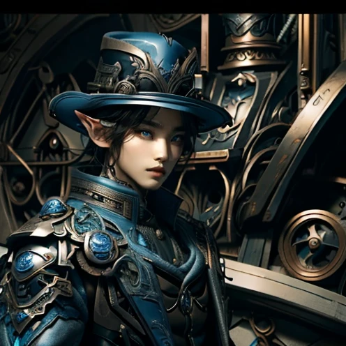 A young Korean boy as an idol version of "Hatter Madigan", Hatter H, a steampunk Mad Matter wearing an armored blue jacket and tall blue hat; Good looking Asian (Kpop idol) elf with black hair wearing a blue steampunk suit (over an armored breastplate). Slim, slender and pale skinned Asian boy wearing a blue suit with straps, buckles and metal reinforcements. A young Asian male elf with black hair wearing a reinforced armored jacket decorate with metal parts