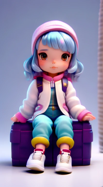 uma garota super fofa, corpo todo, longos cabelos brancos super macios, usa uma jaqueta preta, Jeans and white sneakers, tem olhos marrom grandes e brilhantes, She's sitting on the floor, Projeto IP, Clean and bright background 3D rendering, oc rendering, 8k, foco suave, fino detalhe brilhante super --ar 3:6 50 --q 2 --niji 5