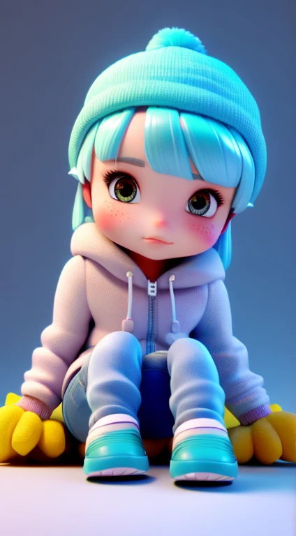 uma garota super fofa, corpo todo, longos cabelos brancos super macios, usa uma jaqueta preta, Jeans and white sneakers, tem olhos marrom grandes e brilhantes, She's sitting on the floor, Projeto IP, Clean and bright background 3D rendering, oc rendering, 8k, foco suave, fino detalhe brilhante super --ar 3:6 50 --q 2 --niji 5