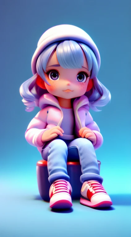 uma garota super fofa, corpo todo, longos cabelos brancos super macios, usa uma jaqueta preta, Jeans and white sneakers, tem olhos marrom grandes e brilhantes, She's sitting on the floor, Projeto IP, Clean and bright background 3D rendering, oc rendering, 8k, foco suave, fino detalhe brilhante super --ar 3:6 50 --q 2 --niji 5