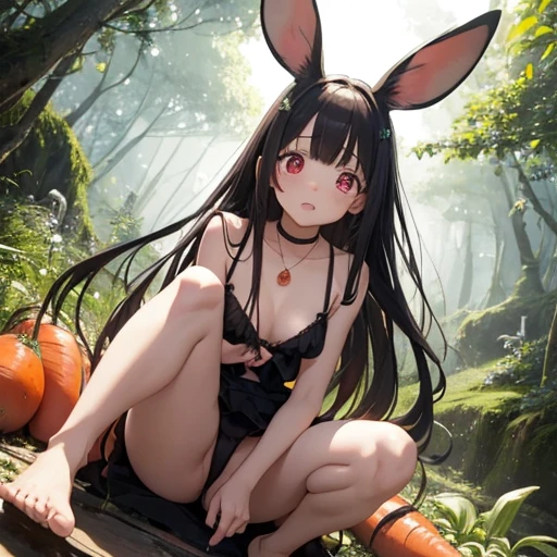 masterpiece, highest quality, High resolution, Black long hair、Drooping eyes,barefoot,Looking up,Embarrassed face,Angle from below、Small breasts、Fluffy pink one piece、have a big carrot、White droopy rabbit ears、in the forest、There are rabbits around、Carrot Pendant、Red eyes、Clothes are pink、The color of the rabbit's ears is white.、The rabbit's ears are drooping