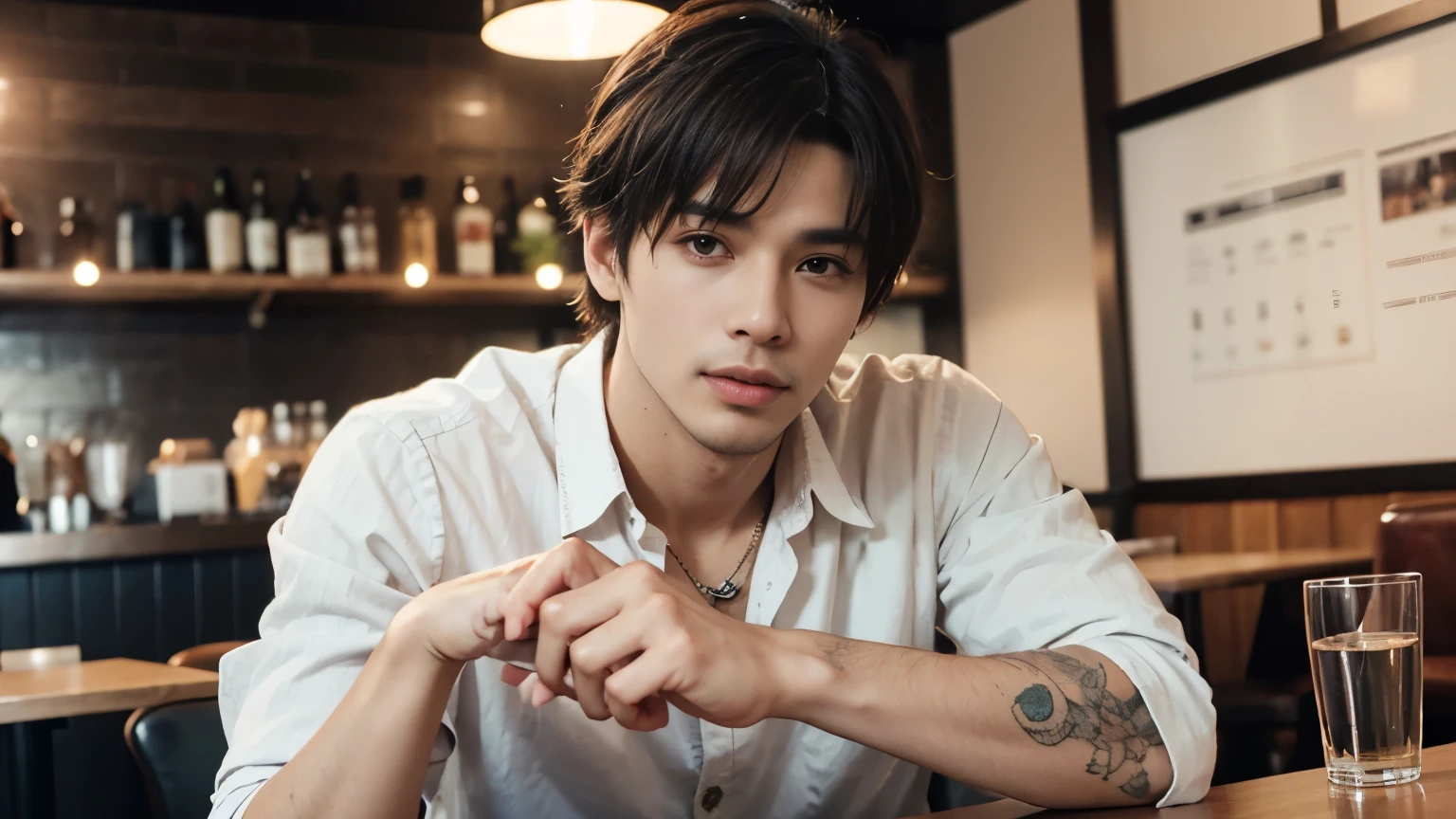 musician、Breezy, Handsome man in his 40s、（Super cool S-class guy）、Japanese Male, 40 years old、、Photo taken in a cafe、a handsome guy、（CG Unity 8K high resolution photo）、（Very detailedＳクラスのa handsome guy性）、（Realistic）、（highest quality））、Very detailed、super high quality、expensive、audience、kind person、Very beautiful hair　Perm Hair、Bright photo、Handsome like a model、Handsome like an idol、Looking at the camera、inside a stylish cafe、Stubble