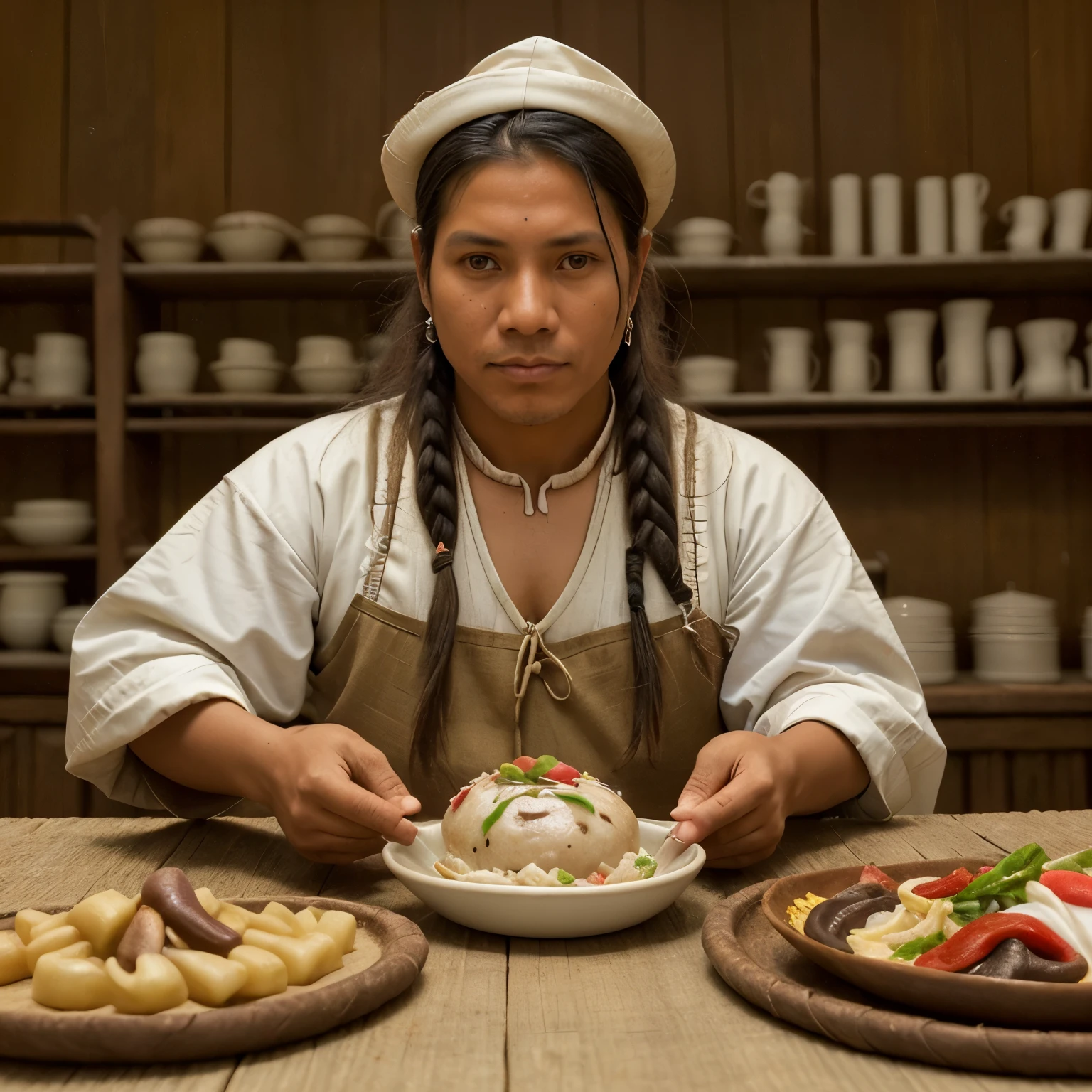 Generar una imagen para un lienzo de 6 por 1.5 m related to Peruvian gastronomy in colonial times 