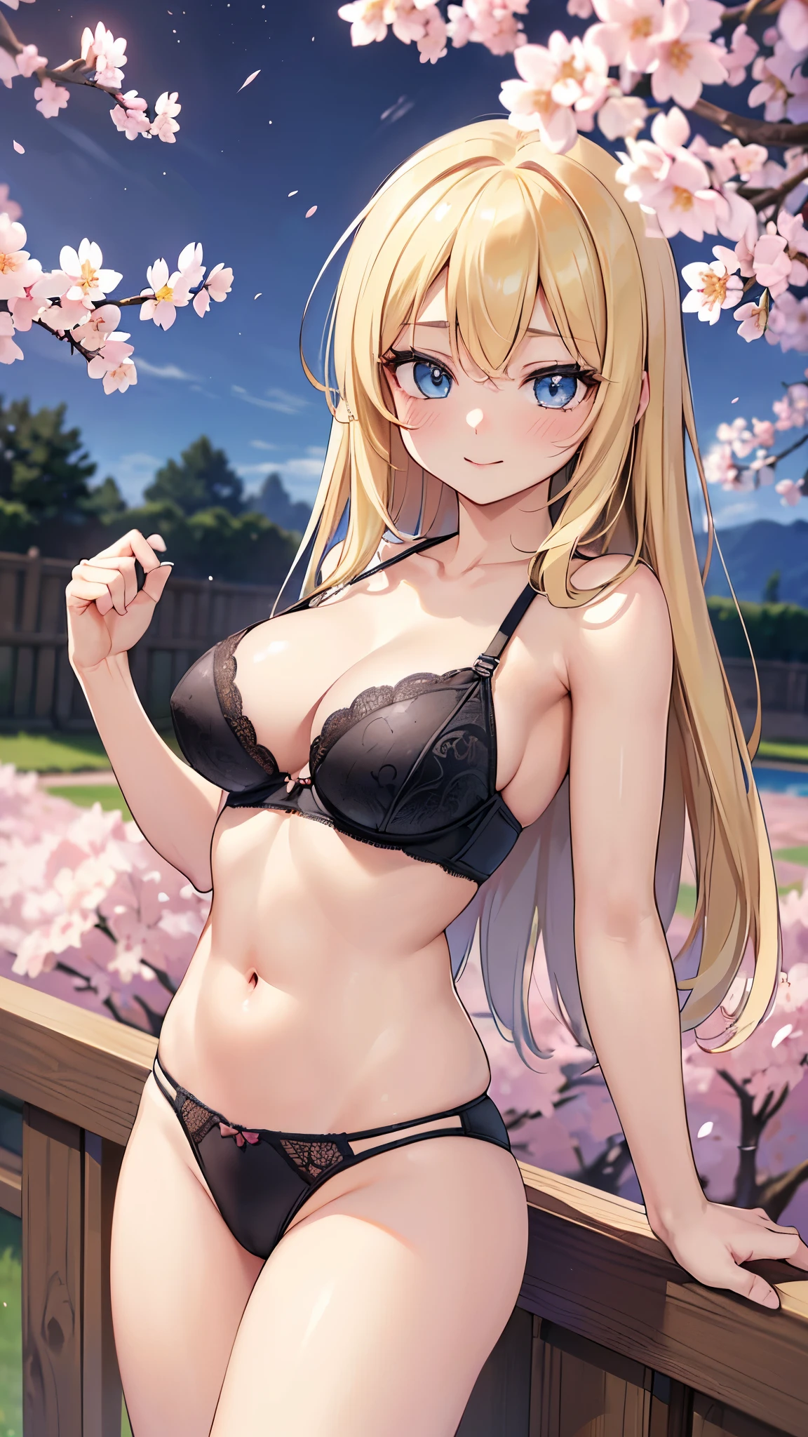 ((masterpiece, highest quality, High resolution, 超High resolution, Perfect Pixel, Depth of written border, 4K, RTTX 10.0, High resolution))), 1 girl, single, alone, Beautiful Anime Girls, Beautiful art style, Anime characters, ((Long Hair, Parted bangs, Blonde)), ((blue eyes:1.4, Round eyes, Realistic eyes)), ((eyelash, ultra-detailed eyelash, smooth eyelash)), ((Detailed face, blush:1.2)), ((Smooth texture:0.75, Realistic texture:0.65, Realistic:1.1, Anime CG Style)), Medium chest, Dynamic Angle, Perfect body, ((throw, Dynamic pose, Portraiture)), ((Sexy black bra、Sexy black panties、Browsing Caution)), smile, Open your mouth, garden, ((Cherry Blossoms at Night)), Natural light, Bright sky, sunlight
