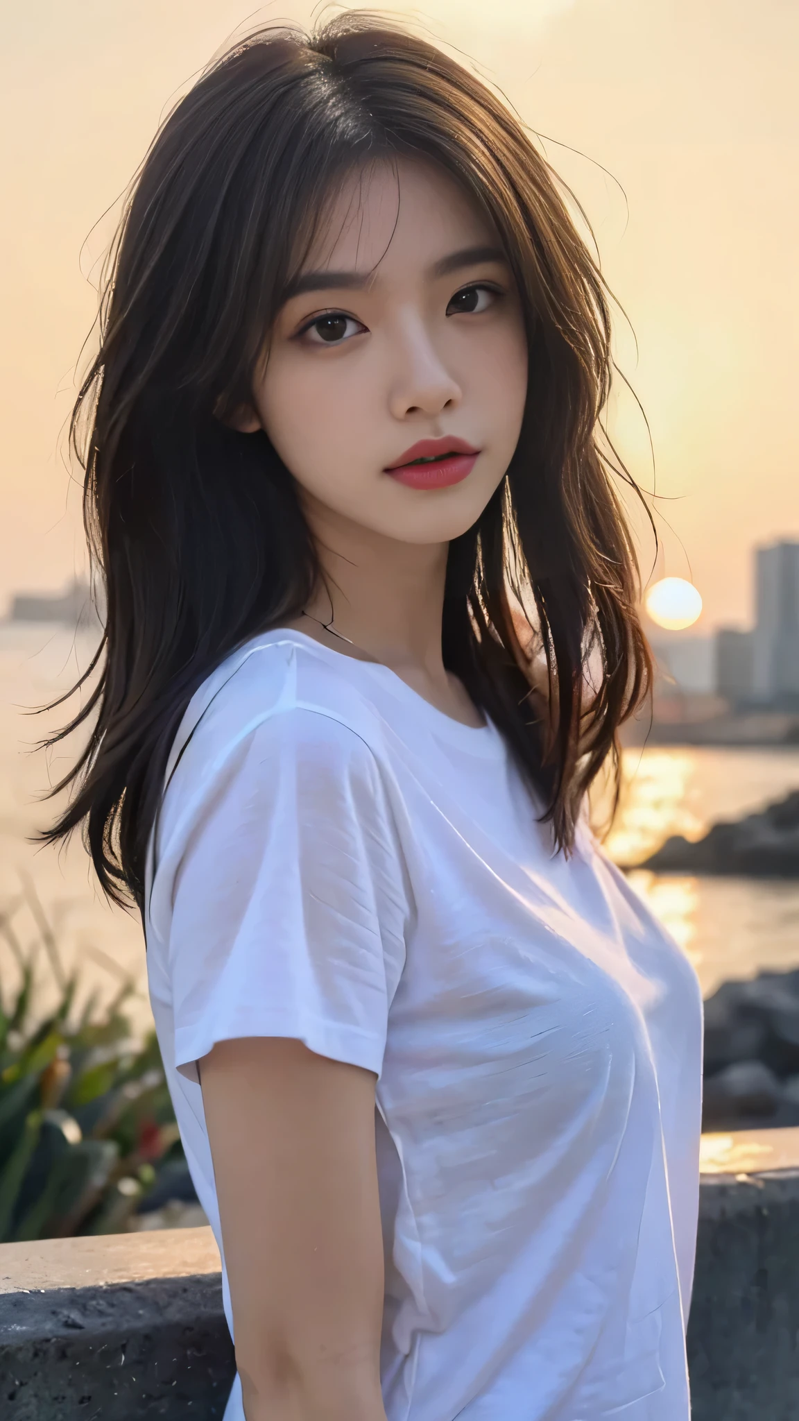 A perfect young female，Chinese，(masterpiece:1.3), (8k, photorealistic, RAW photo, best quality: 1.4), gravure photography, (sunset need, 8K, master piece:1.3)), ((beautiful 1 woman)) , slim abs:1.1, (( brown wavy hair, Big cities:1.2 )), ，( oversize t-shirt ), posing, towards the camera:1.2,), ((Ocean，:1.3)), Highly detailed face and skin texture, detailed eye, double eyelid