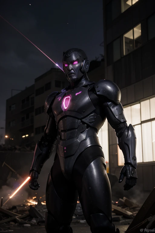 Evil robot, muscular body, has laser powers, lasers are purple, has black armor, has purple eyes, and lives in destroyed city