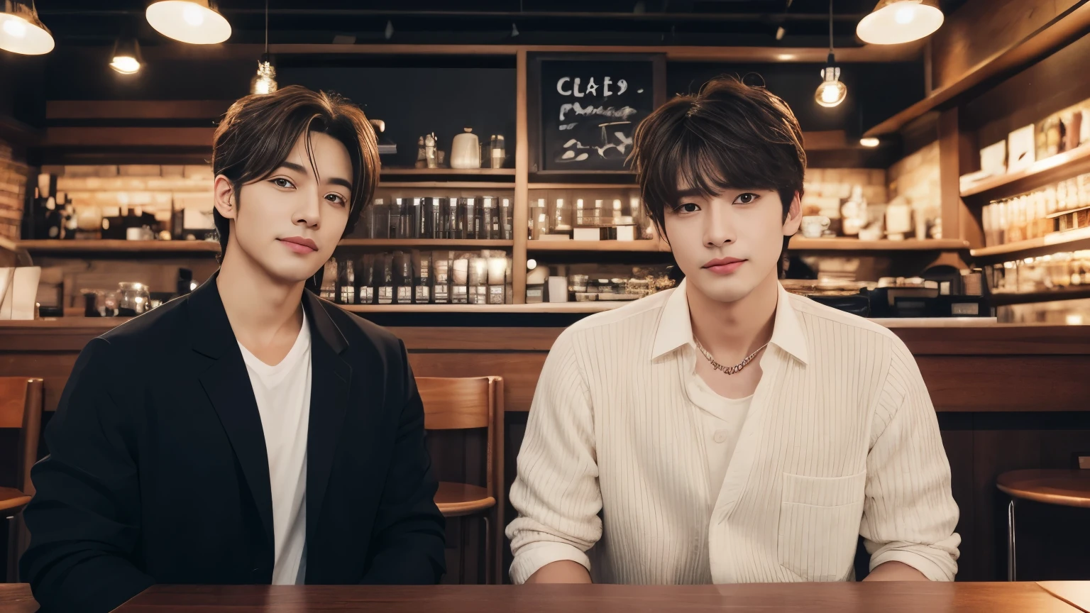 musician、Breezy, Handsome man in his 40s、(Super cool S-class guy)、Japanese Male, 40 years old、、Photo taken in a cafe、a handsome guy、(CG Unity 8K high resolution photo)、(Very detailedSクラスのa handsome guy性)、(Realistic)、(highest quality))、Very detailed、super high quality、expensive、audience、kind person、Very beautiful hair Perm Hair、Bright photo、Handsome like a model、Handsome like an idol、Looking at the camera、inside a stylish cafe、Stubble