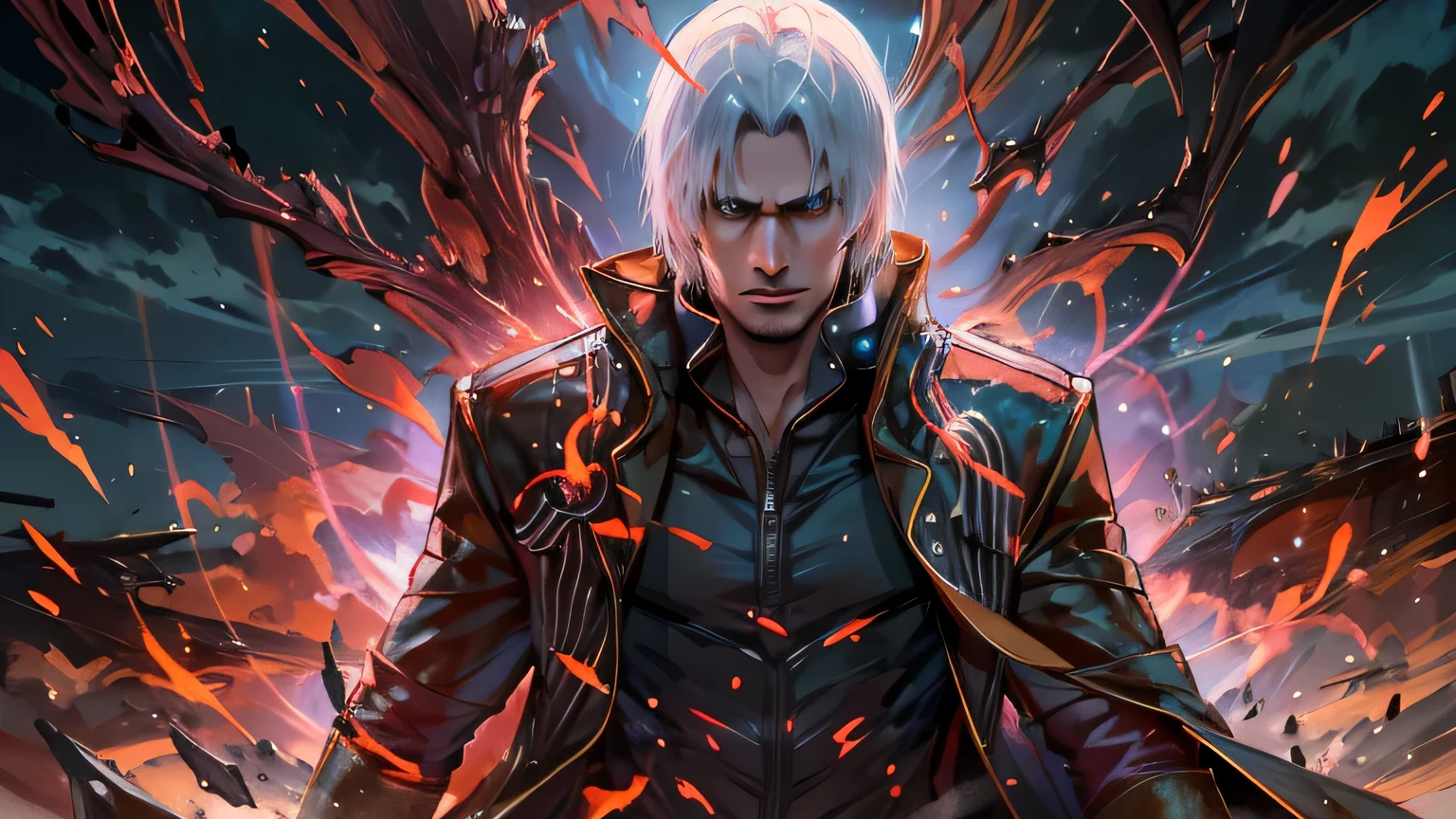 (beste-Qualit, 8K, 12),(masterpiece), (best quality),(insanely detailed, beautiful detailed face, masterpiece, best quality), An evocative image of a dramatic showdown between Dante and Vergil in a hell world. locked in a fierce and draining combat. Their expressions betray a mixture of determination and fatigue, while the electric atmosphere crackles with anticipation. The outcome of this pivotal battle will shape the destiny of mankind, adding a weighty sense of importance to the scene