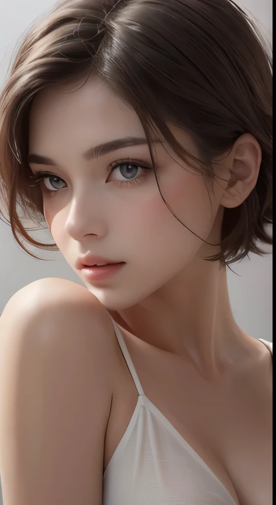 8K uhd、RAWphotograph、モデルphotograph撮影、 European race、(masterpiece、highest quality、Photorealistic、High resolution、photograph:1.3)、Close-up、Focusing、Hot Model、slim、30 year old mature woman、Small face、No makeup、Short Hair、Dark Brown Hair、Fine beautiful eyes、Real Skin、(perfect body)、Sexy hot face、Erotic、Sexual gaze、Detailed beautiful eyes、Glossy lips、Small breasts、Small breasts、Bust B cup、Realistic details、Cool beauty、Cool pose、Background gray、Plain grey background