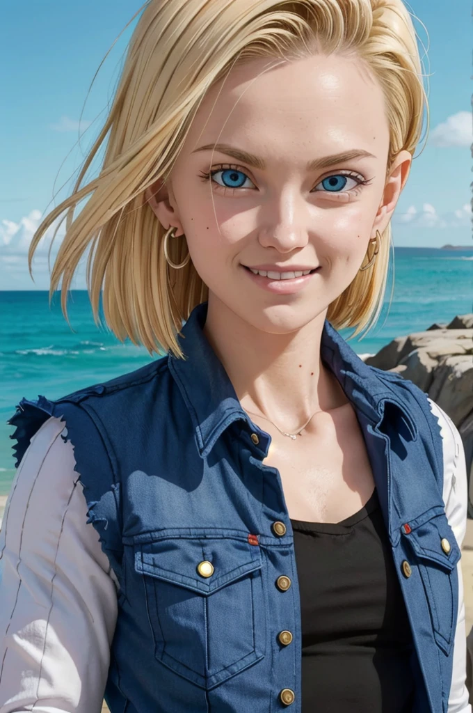 android 18,blonde hair, short hair, blue eyes, wearing earrings, vest, black shirt, long sleeves, denim jacket, looking at viewer,smiling, close up portrait, outside, beach, ocean, blue sky, high quality, masterpiece,  
