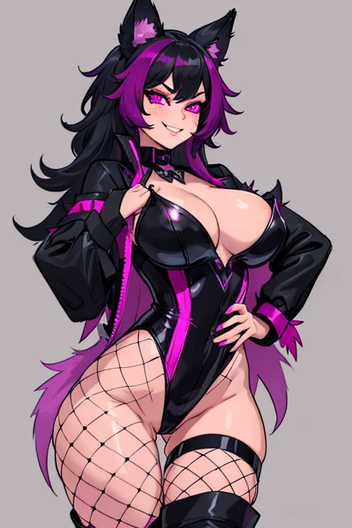 female, black long hair with magenta highlights, silver eyes, black wolf ears, black wolf tail (((1girl))), (((black fishnet leotard with magenta trim))), (magenta stockings), (black boots), (magenta coat with black fur trim), cute and sexy, full body, large breasts, large butt, long legs, smiling