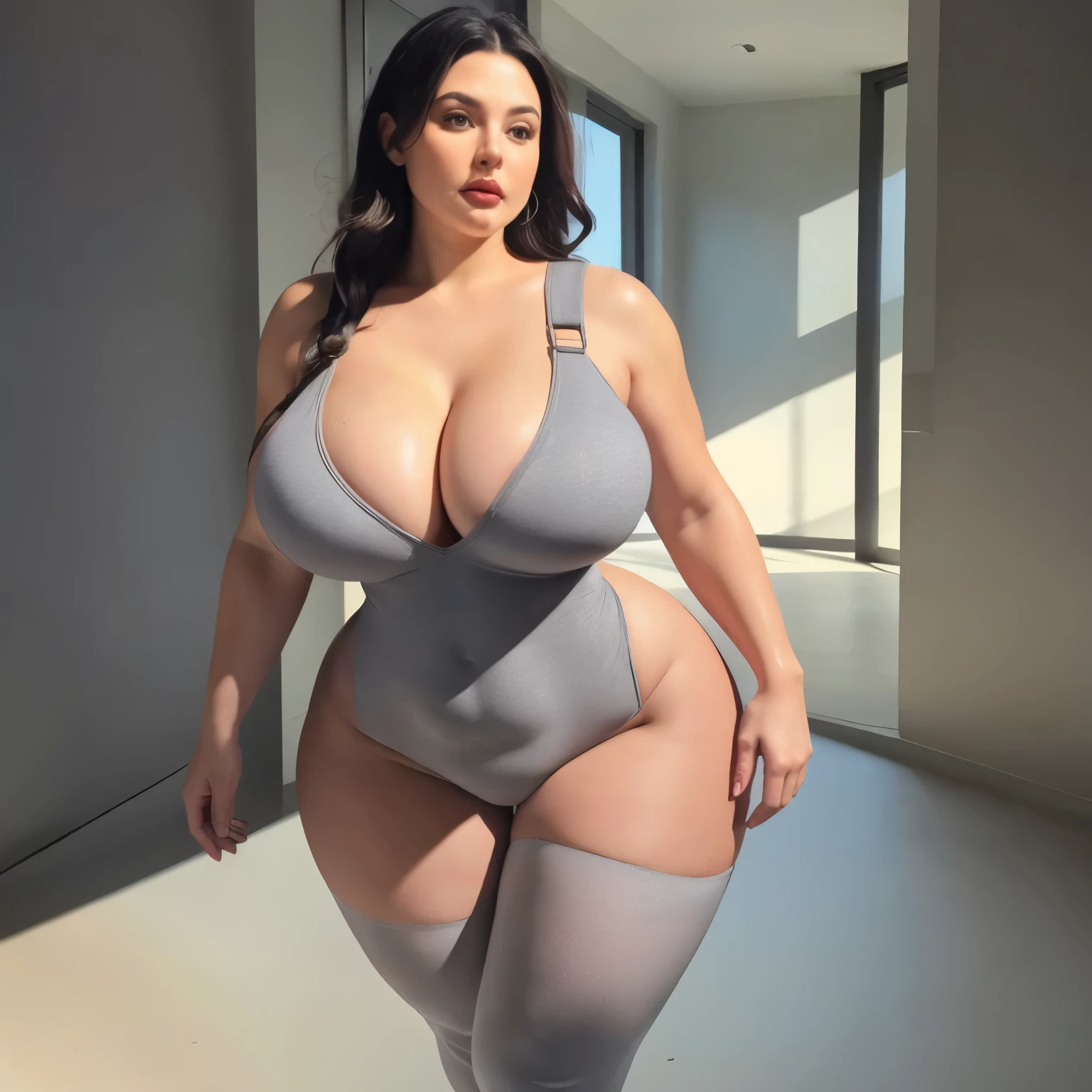 Realistic masterpiece, 8K, a beautiful chubby woman in a gray bodysuit cleavage walking, thick body, stunning shot of giant goddess, angelawhite, thick, strong and big, thick lines, curvy body, beautiful curves, slim thick booty, thick physique, slim belly , large breasts