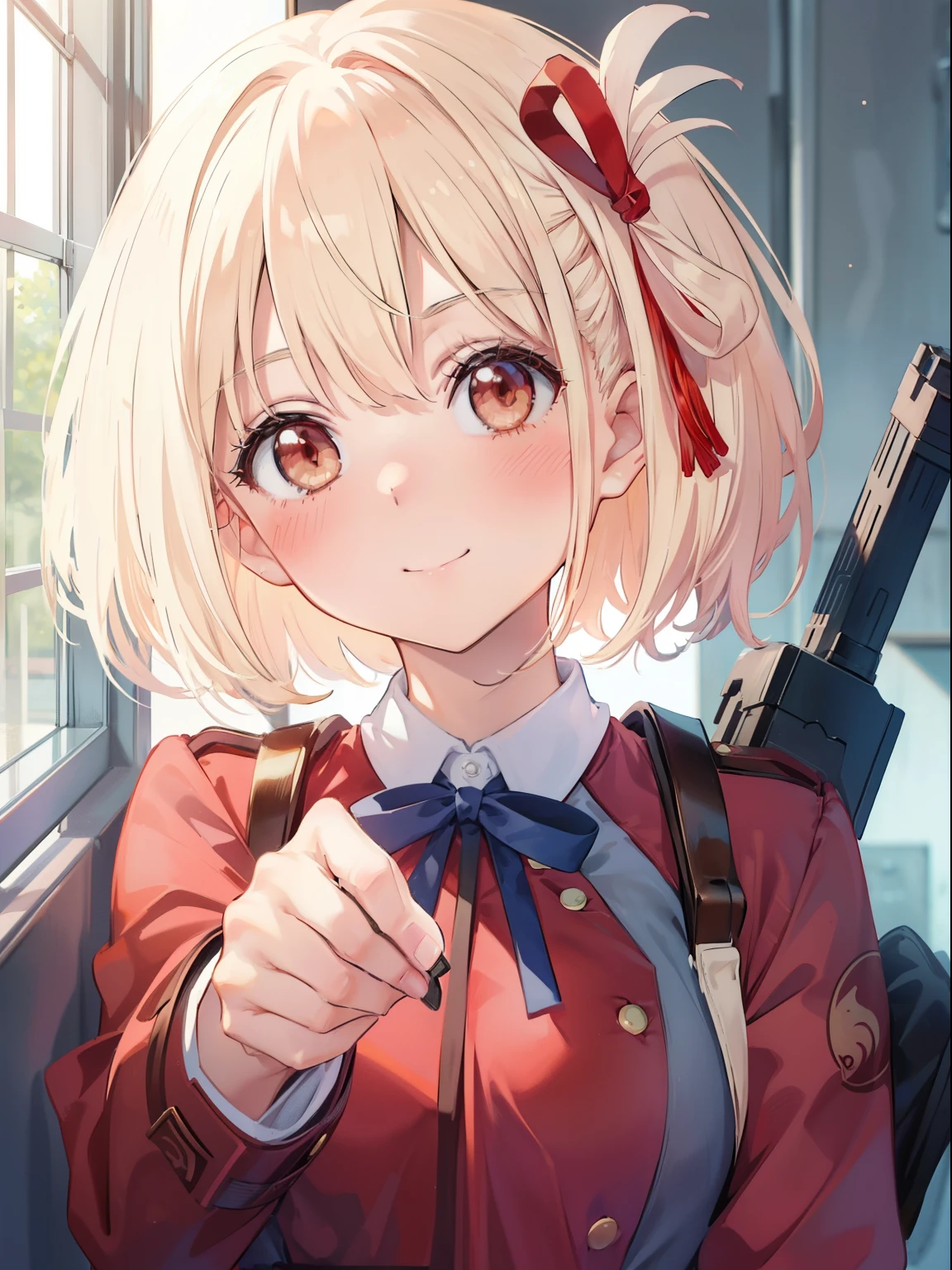 Chisato Nishikigi、Good looking girl (Short blonde hair with square bangs, Big Red Eyes, Red ribbon,blush, Perfect Face), independent , looking at the camera, masterpiece, Anime art style, Cute Characters, Most detailed, high quality、Nico Nico Smile、He has a gun