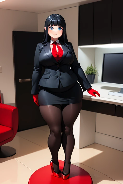 (masterpiece, highest quality:1.2), solo, 1girl, 35-year-old, mature woman, blue eyes, long black hair, (Chubby figure:1.5), grinning, looking at viewer, (Wearing: red business suit, tight black skirt, black pantyhose, High heels), Indoors, computer room