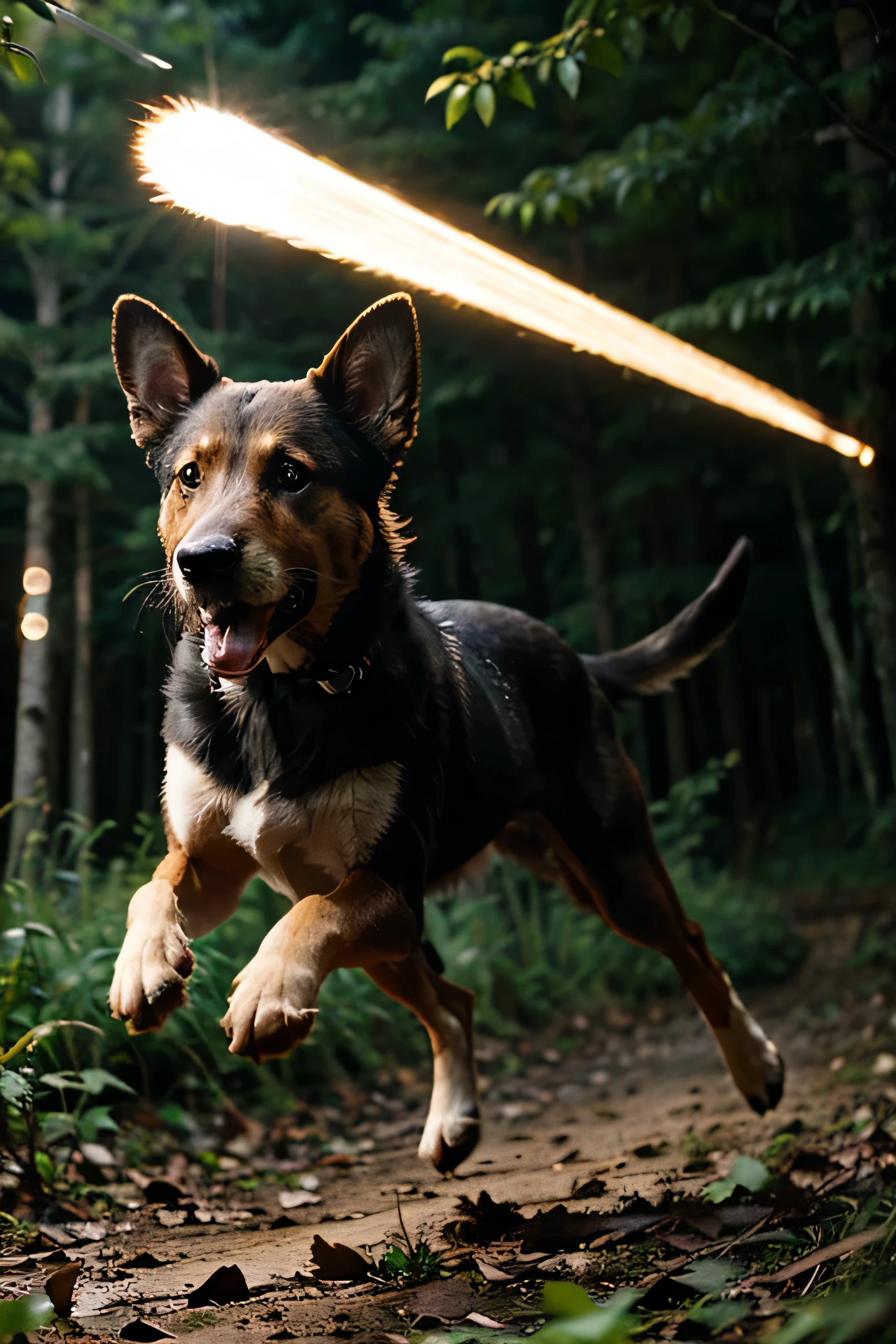 night foto, motion blur, bokeh, animal, in the forest, dog