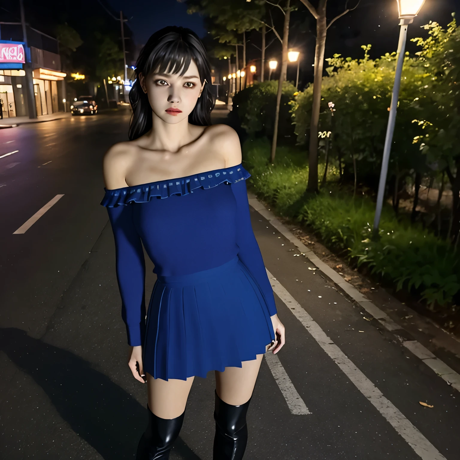 1 girl,alone,(whole body),(8k, highest quality, masterpiece:1.2), (Realistic, photo-Realistic:1.37), Very detailed,highest quality, Ultra-high resolution, Professional Lighting, Photon Mapping, Radio City, Physically Based Rendering, Cinema Lighting, midnight road,Written boundary depth, 25-year-old female、Off the shoulder、Great thighs、Black boots、Frowning、Anxious expression、Sweaty skin、blush、Frowning、