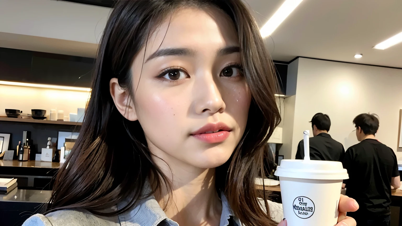 (最high quality、8k、32k、masterpiece:1.2)、、Looking at the audience、background a trendy coffee shop with a unique aesthetic and atmosphere. Incorporate elements like modern furniture, Artistic decoration, and ambient lighting to enhance the ambiance,The staff are busy working at the counter..、Feel the vibrancy and warmth of an urban café.., Sharp focus,Very detailed, high quality, Breezy, 30代のa handsome guy性、Japanese Male, 30 years old、（Super cool S-class guy）、a handsome guy、（Very detailedＳクラスのa handsome guy性）、kind person、Very beautiful hair　Perm Hair、Handsome like a model、Handsome like an idol、Blur the background、Portrait Photography