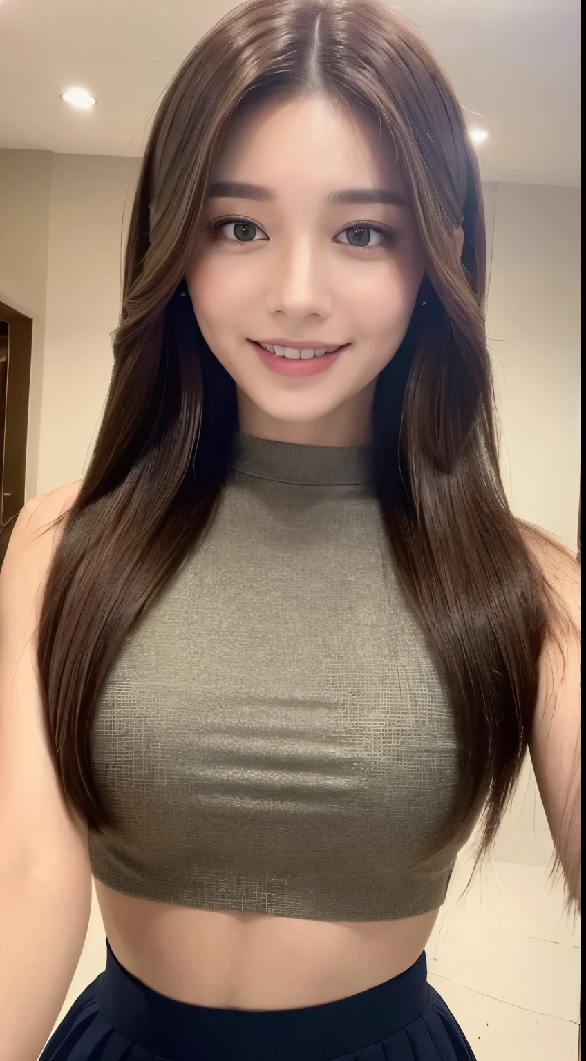 ((best quality, 8k, masterpiece: 1.3)), 1 girl, Slim belly beauty: 1.3, (Hairstyles Brown Hair Shortcuts, Large target: 1.2), skirt: 1.1, Super thin face, Delicateeyes, Double eyelids, Smile, Home, original photo