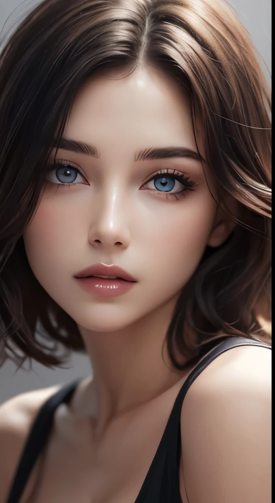 8K uhd、RAWphotograph、モデルphotograph撮影、 European race、(masterpiece、highest quality、Photorealistic、High resolution、photograph:1.3)、Close-up、Focusing、Hot Model、slim、30 year old mature woman、Small face、No makeup、Short Hair、Dark Brown Hair、Fine beautiful eyes、Real Skin、(perfect body)、Sexy hot face、Erotic、Sexual gaze、Detailed beautiful eyes、Glossy lips、Small breasts、Small breasts、Bust B cup、Realistic details、Cool beauty、Cool pose、Background gray、Plain grey background