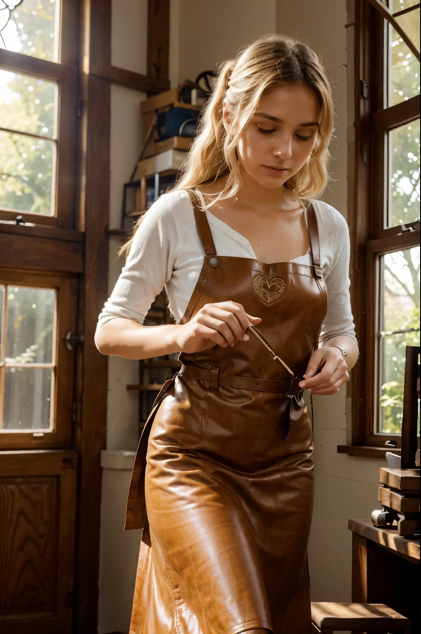 In this striking image, we find a 21-year-old young woman immersed in an unusual but exciting activity: the manufacture of handmade musical instruments. With her white or blonde hair flowing in soft waves and her light eyes shining with passion, she radiates a combination of concentration and creativity as she works on her project.

Dressed in a leather apron and comfortable yet elegant clothing designed to allow her to move freely as she works, our musical artisan immerses herself in her task with skill and dedication. Her expert hands manipulate wood and other materials with grace and precision, shaping every detail of her creation with love and care.

The photograph captures the moment our talented protagonist successfully tries out her latest instrument, with musical notes filling the air around her. The workshop is illuminated by warm sunlight filtering through the windows, creating an atmosphere of calm and contentment. Every detail, from the delicate wood carvings to the reflections in our artisan's eyes, is presented with stunning clarity, transporting the viewer to the magical world of artisanal creation.