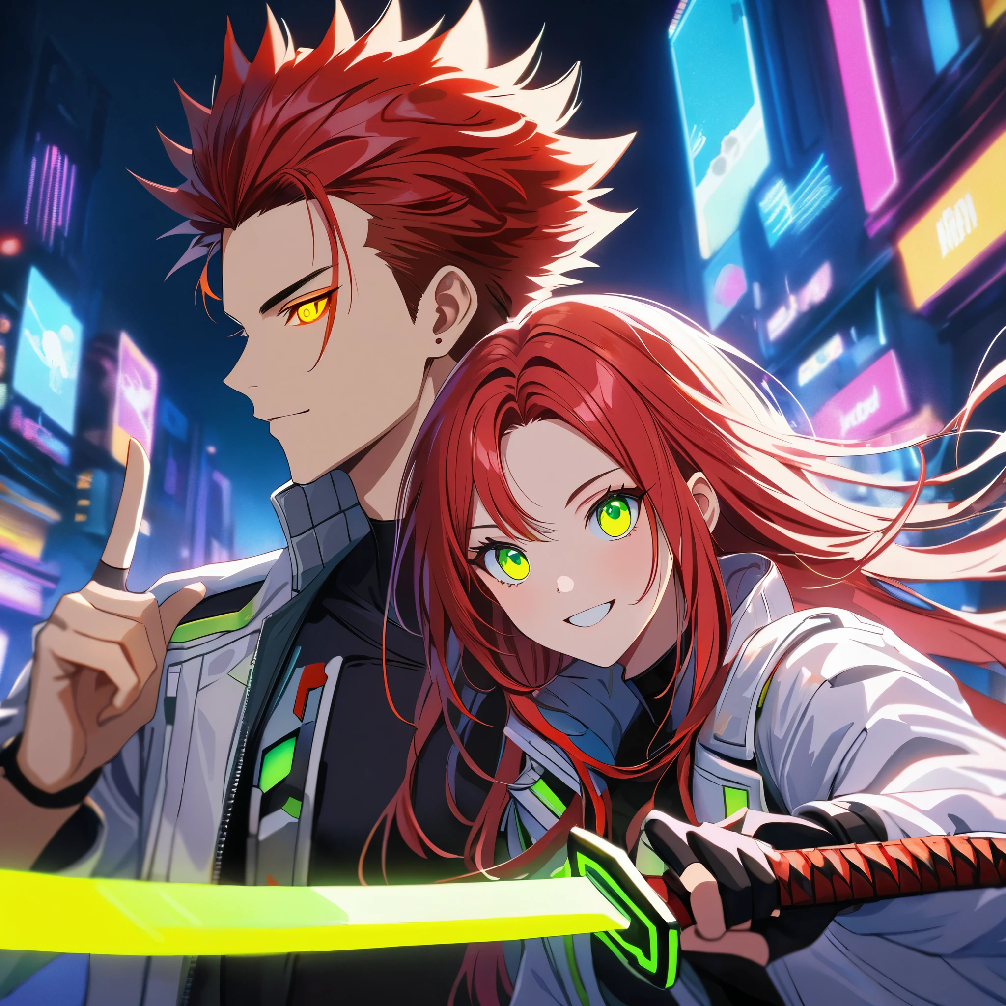 two persons, A man and a girl , man with short red hair spiky upwards with some long strands falling on the forehead and yellow neon eyes holding a perfect neon katana wearing a leather white jacket and black t shirt; stand and confident pose, confidente smile, cyberpunk, night, fingerless gloves , red hair, neon eyes, ultra detailed face; and his gorgeous sister with perfect white long hair and green neon eyes, his sister have white long hair