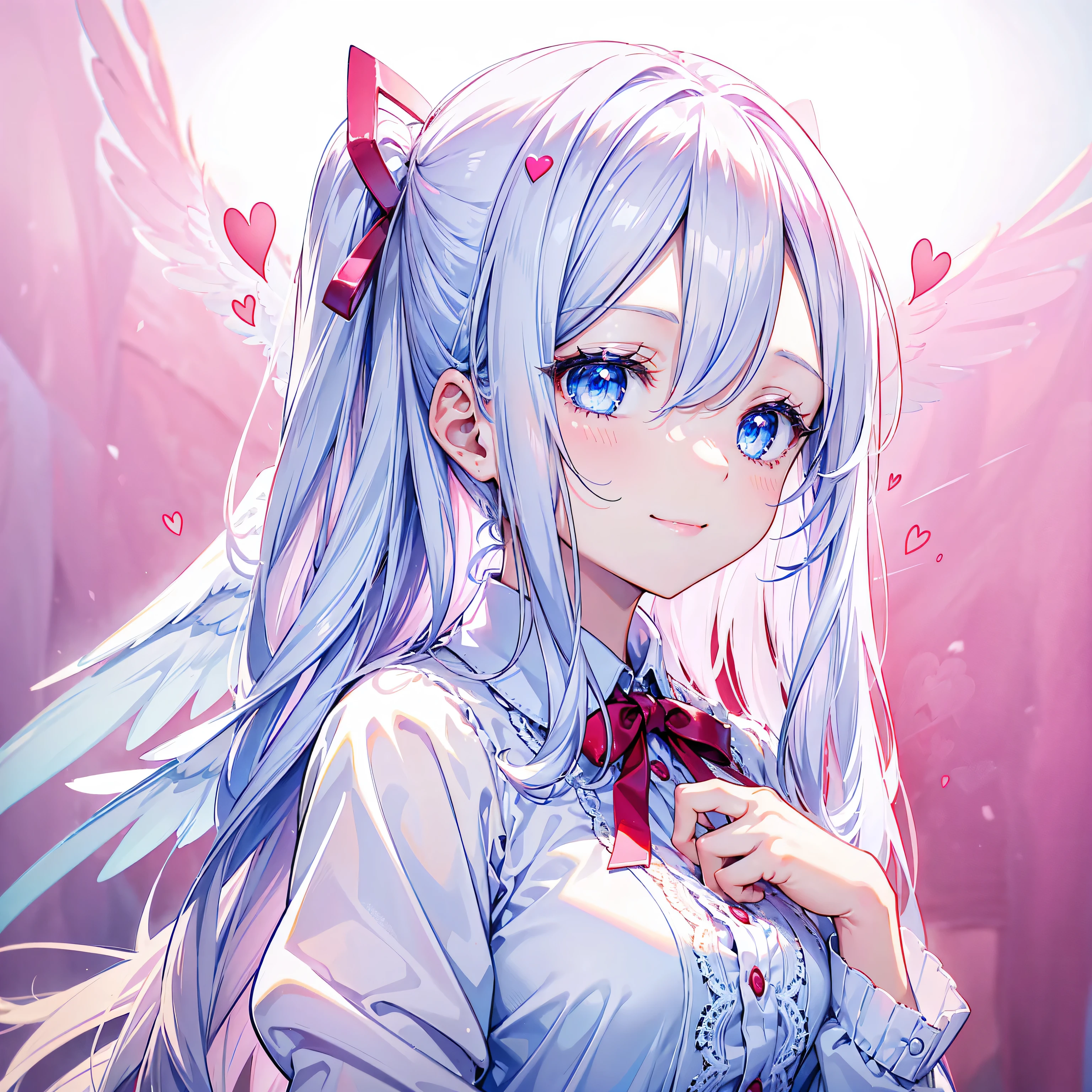 A beautiful and pretty woman with long white hair and blue eyes、Close-up of profile、24-years-old、Cute smile、A straight index finger is placed on the lips、Angel wings on the back、The outfit is a neat white blouse.、Red ribbon、Sheer lace cardigan、Heart Background、The background color is pink